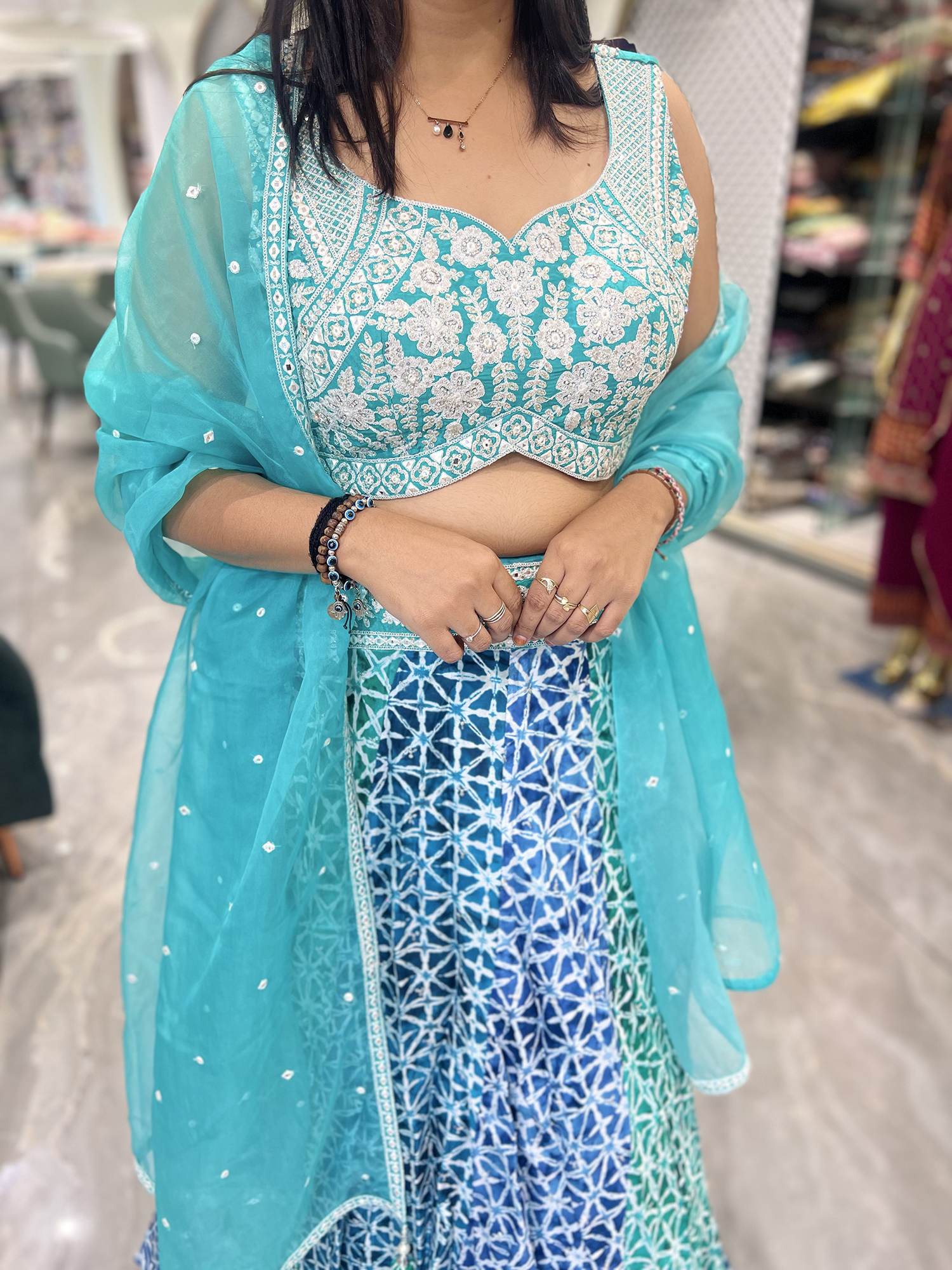Aqua Blue Thread And Mirror Net Crop Top - ADGORI 7438 6