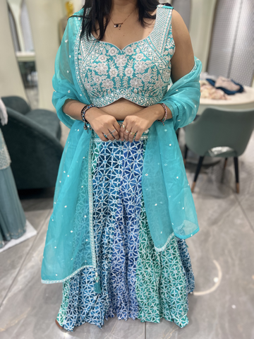 Aqua Blue Thread And Mirror Net Crop Top - ADGORI 7438 6