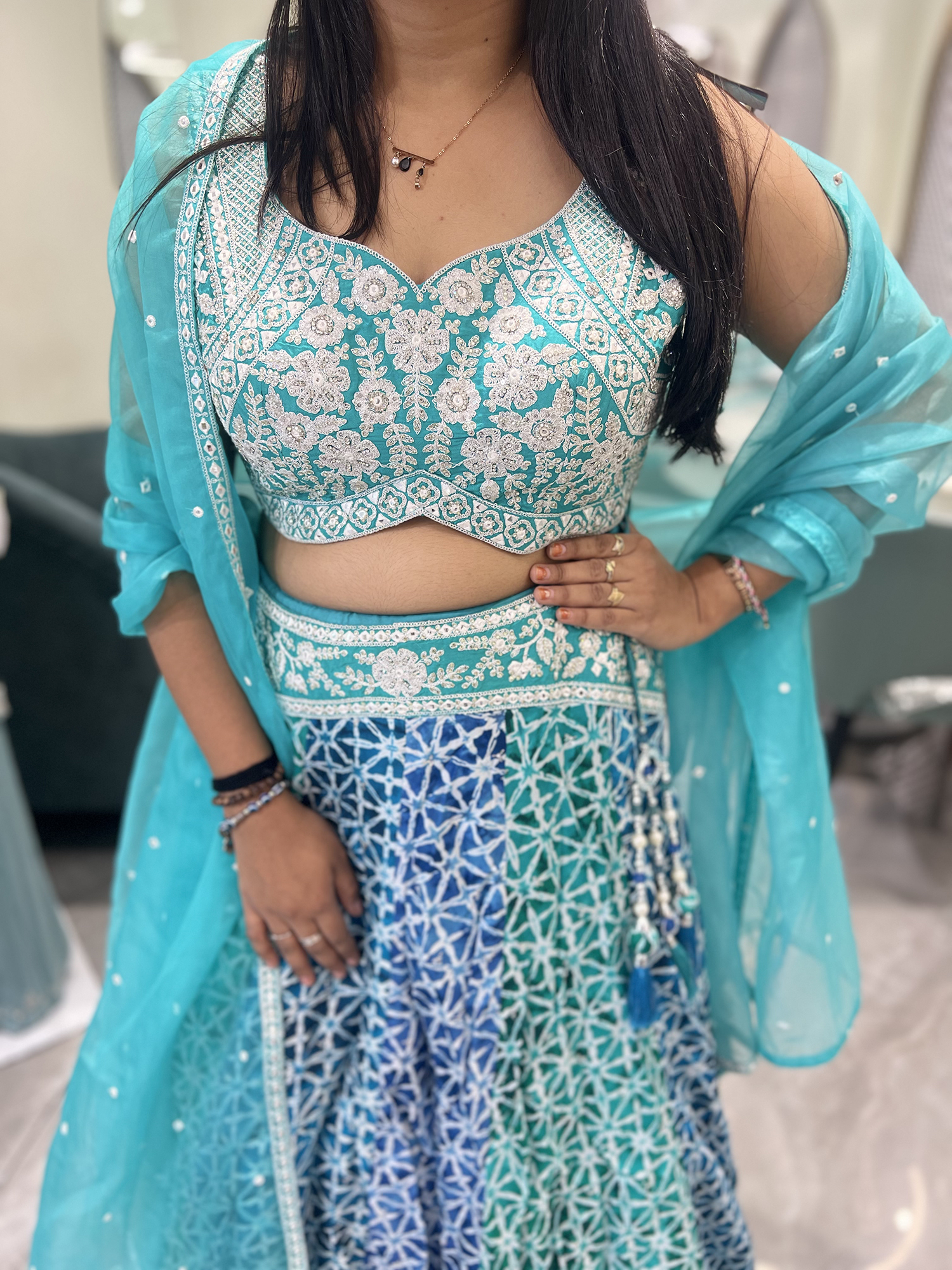 Aqua Blue Thread And Mirror Net Crop Top - ADGORI 7438 6