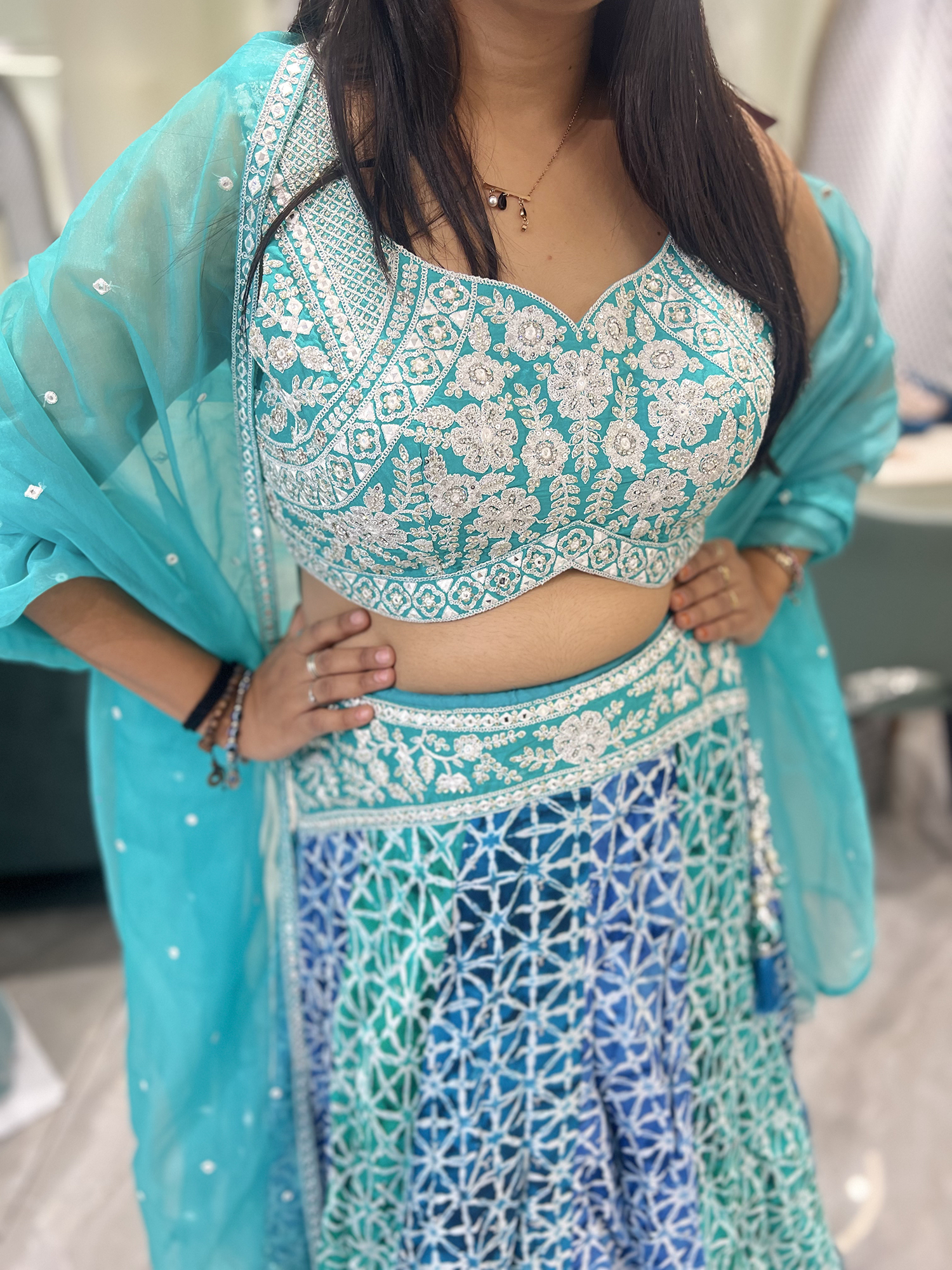 Aqua Blue Thread And Mirror Net Crop Top - ADGORI 7438 6