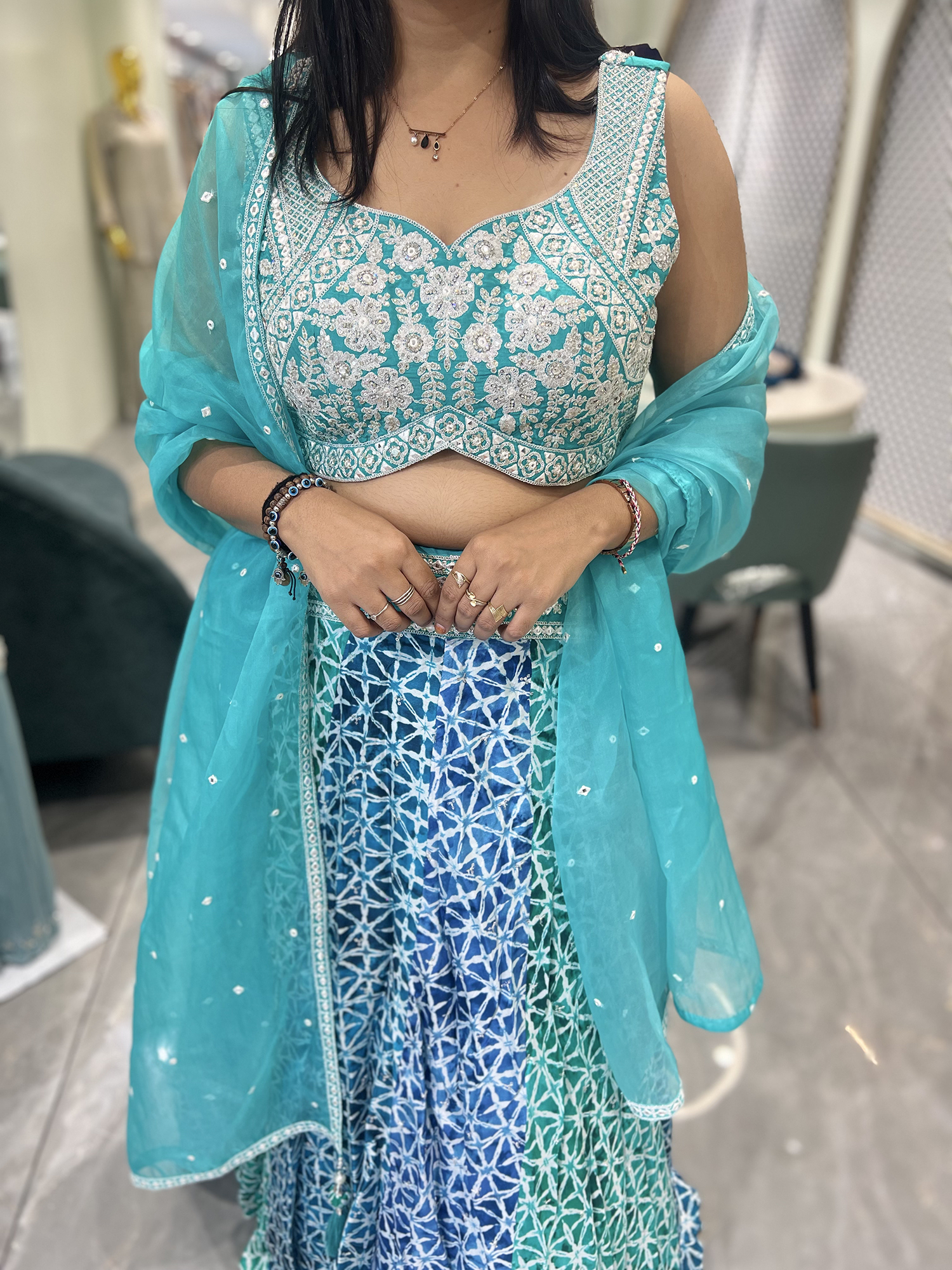 Aqua Blue Thread And Mirror Net Crop Top - ADGORI 7438 6