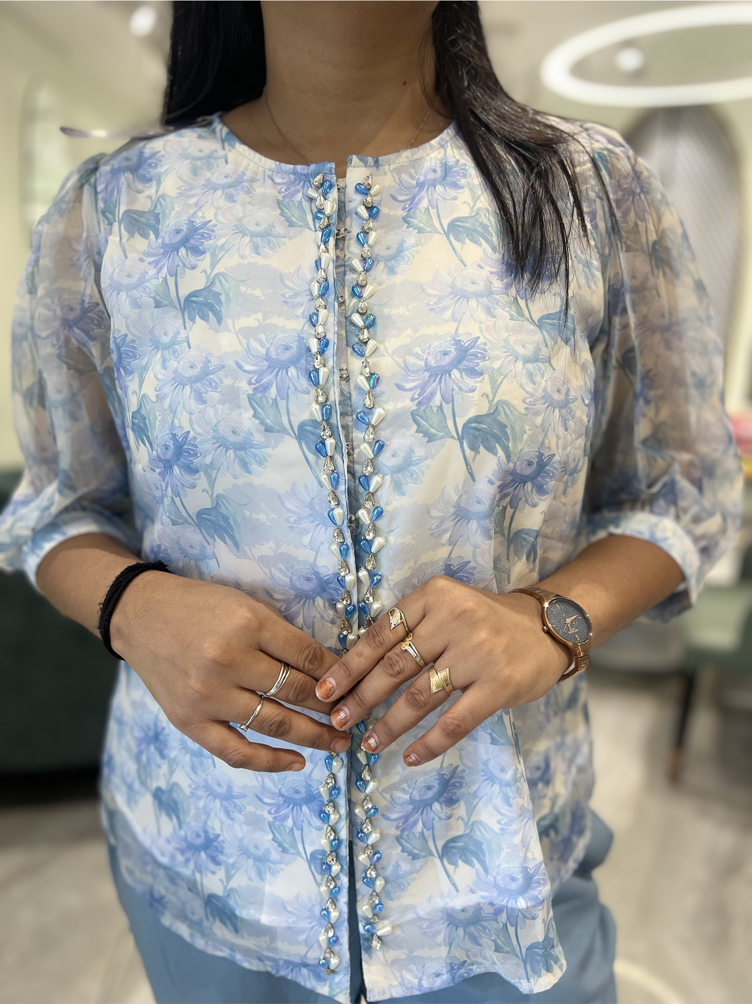 Light Blue And White Beadwork And Pearl Chiffon Cordset - AUGORI 506 4
