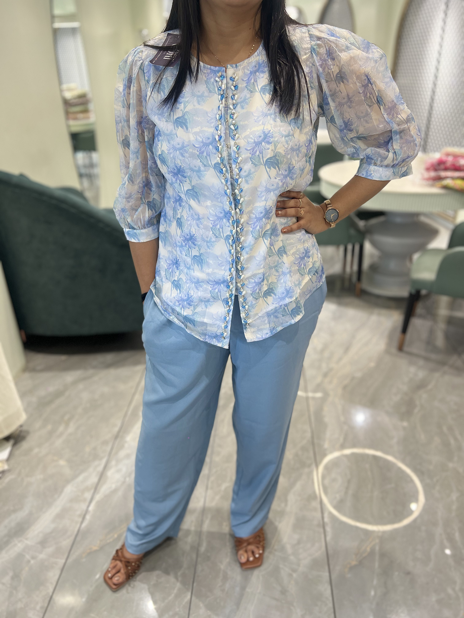 Light Blue And White Beadwork And Pearl Chiffon Cordset - AUGORI 506 4