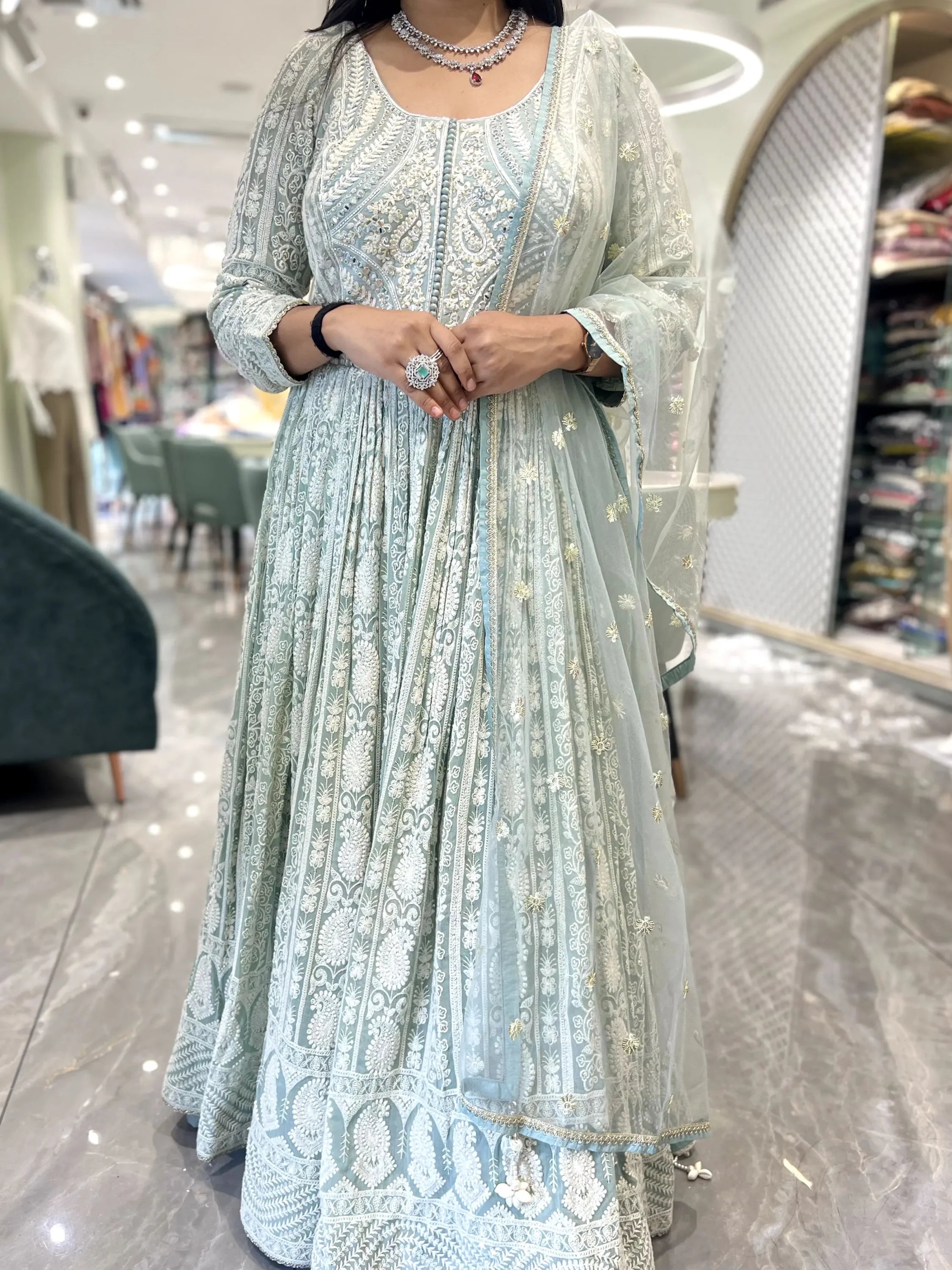 Seafoam Green Mirror Work Georgette Gown - ADGORI MIX-1