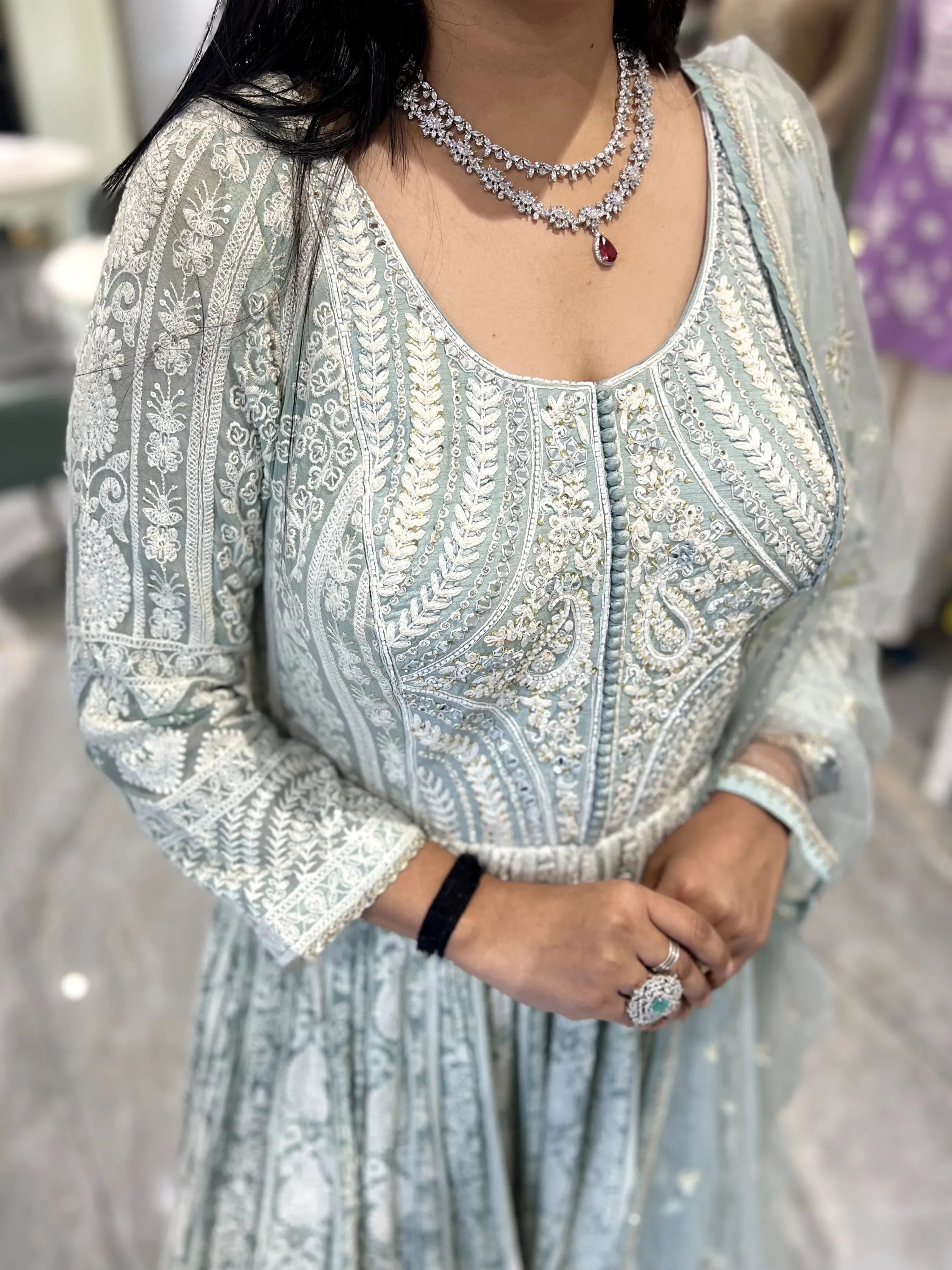 Seafoam Green Mirror Work Georgette Gown - ADGORI MIX-1