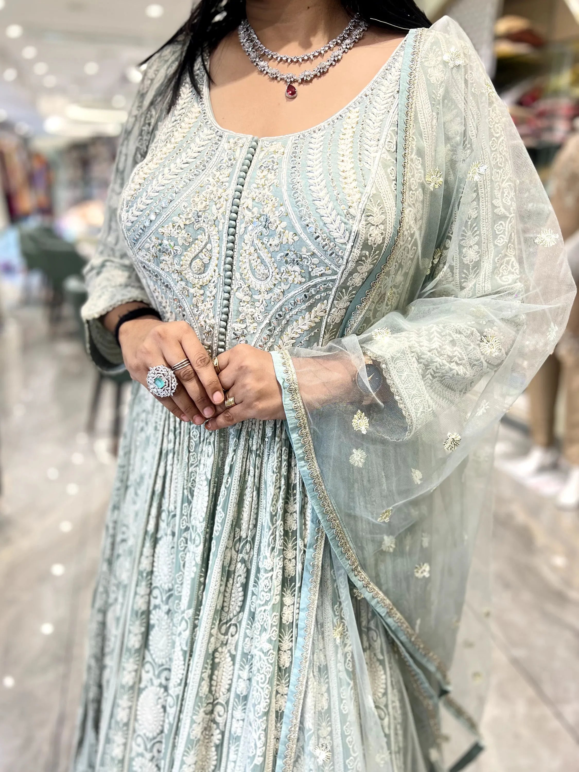 Seafoam Green Mirror Work Georgette Gown - ADGORI MIX-1