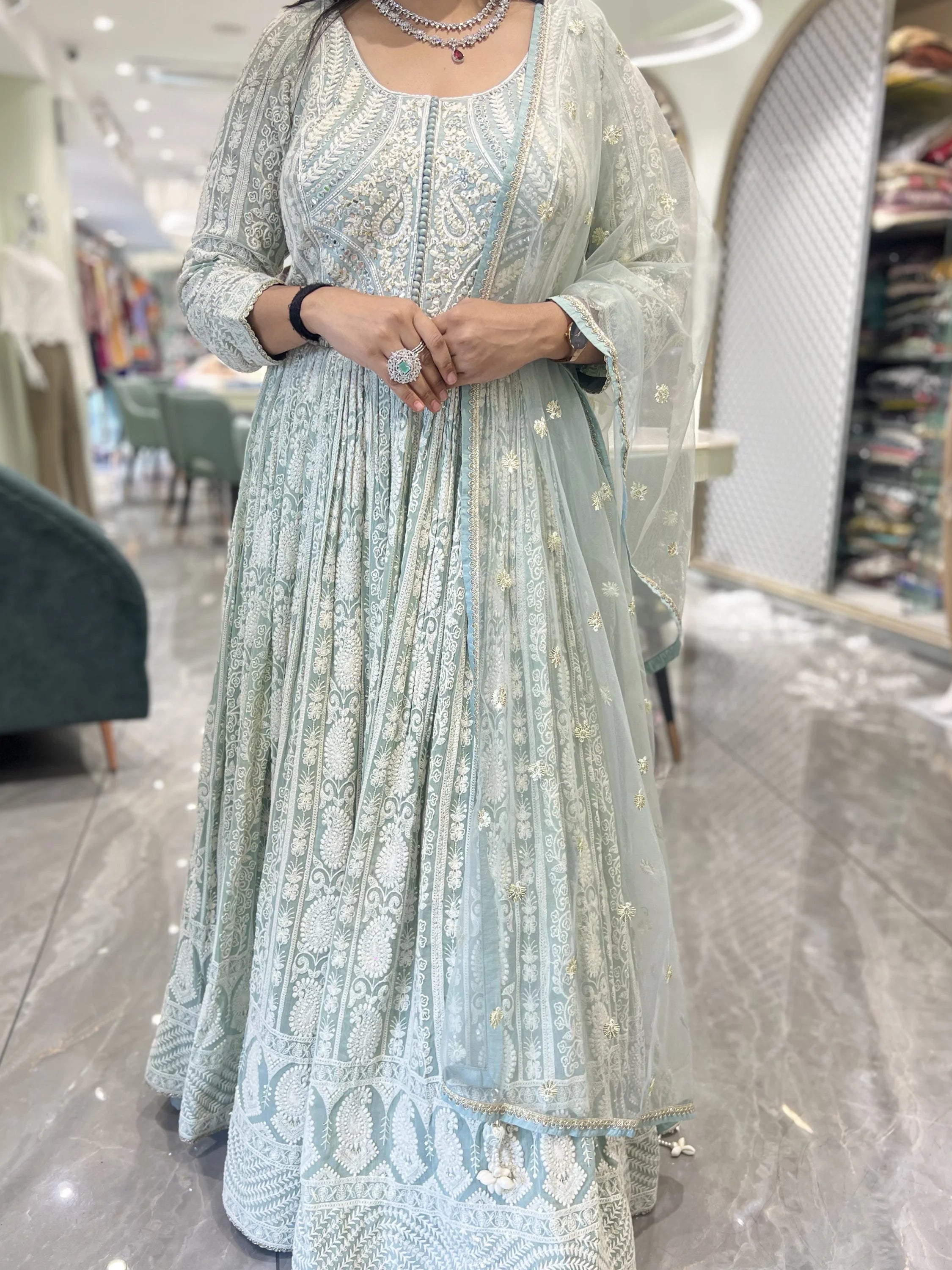 Seafoam Green Mirror Work Georgette Gown - ADGORI MIX-1