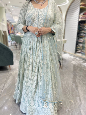 Seafoam Green Mirror Work Georgette Gown - ADGORI MIX-1