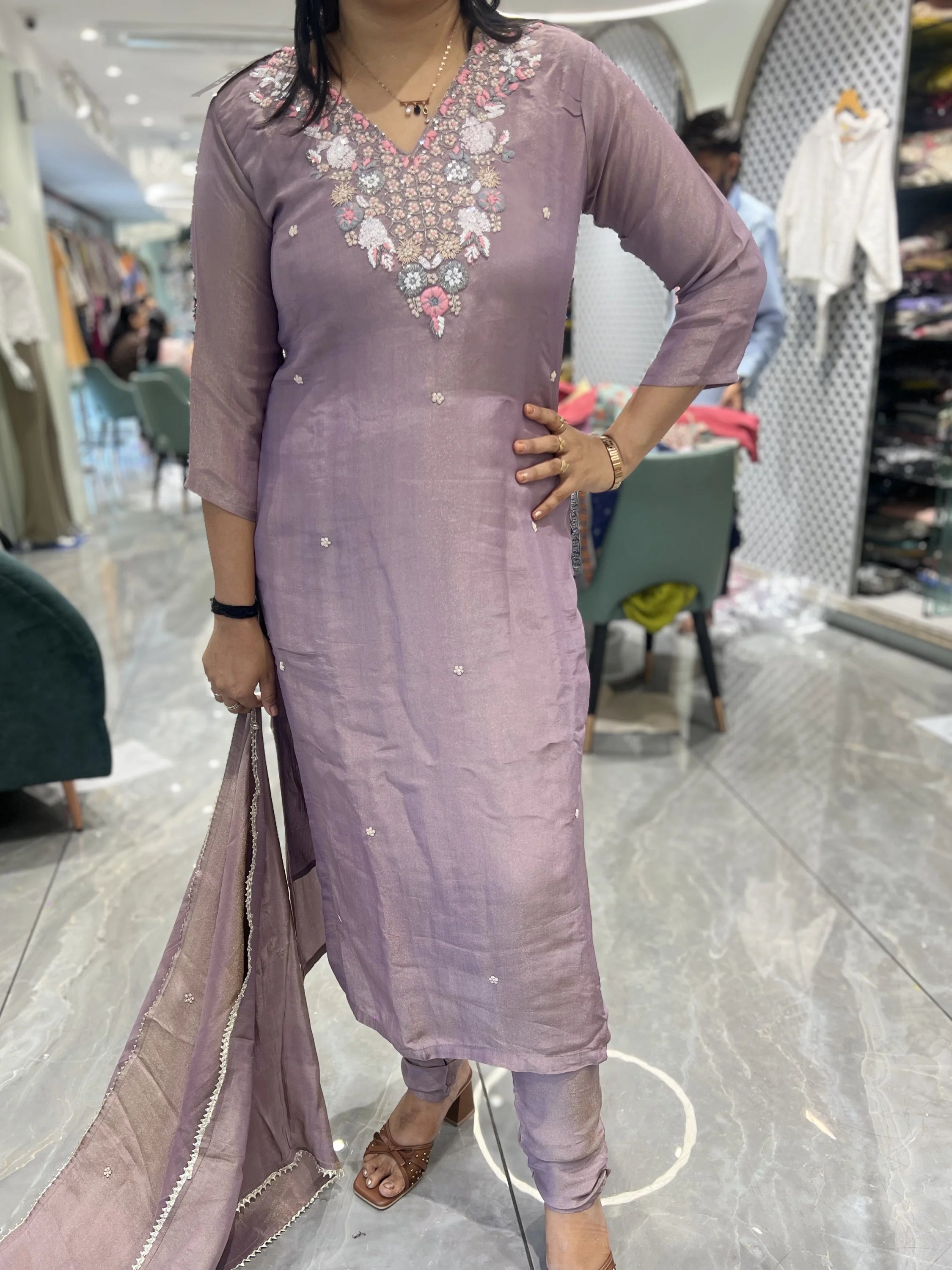 Lavender Embroidery Shimmer Silk Three Piece - BRIGORI 894 11