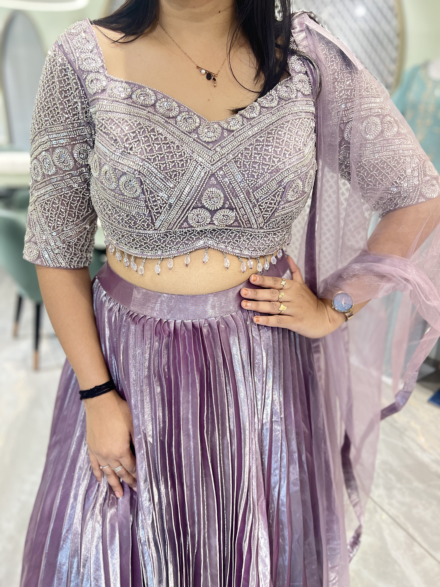 Lavender Hand Work Orgenza Silk Crop Top - CRGORI 1474 6