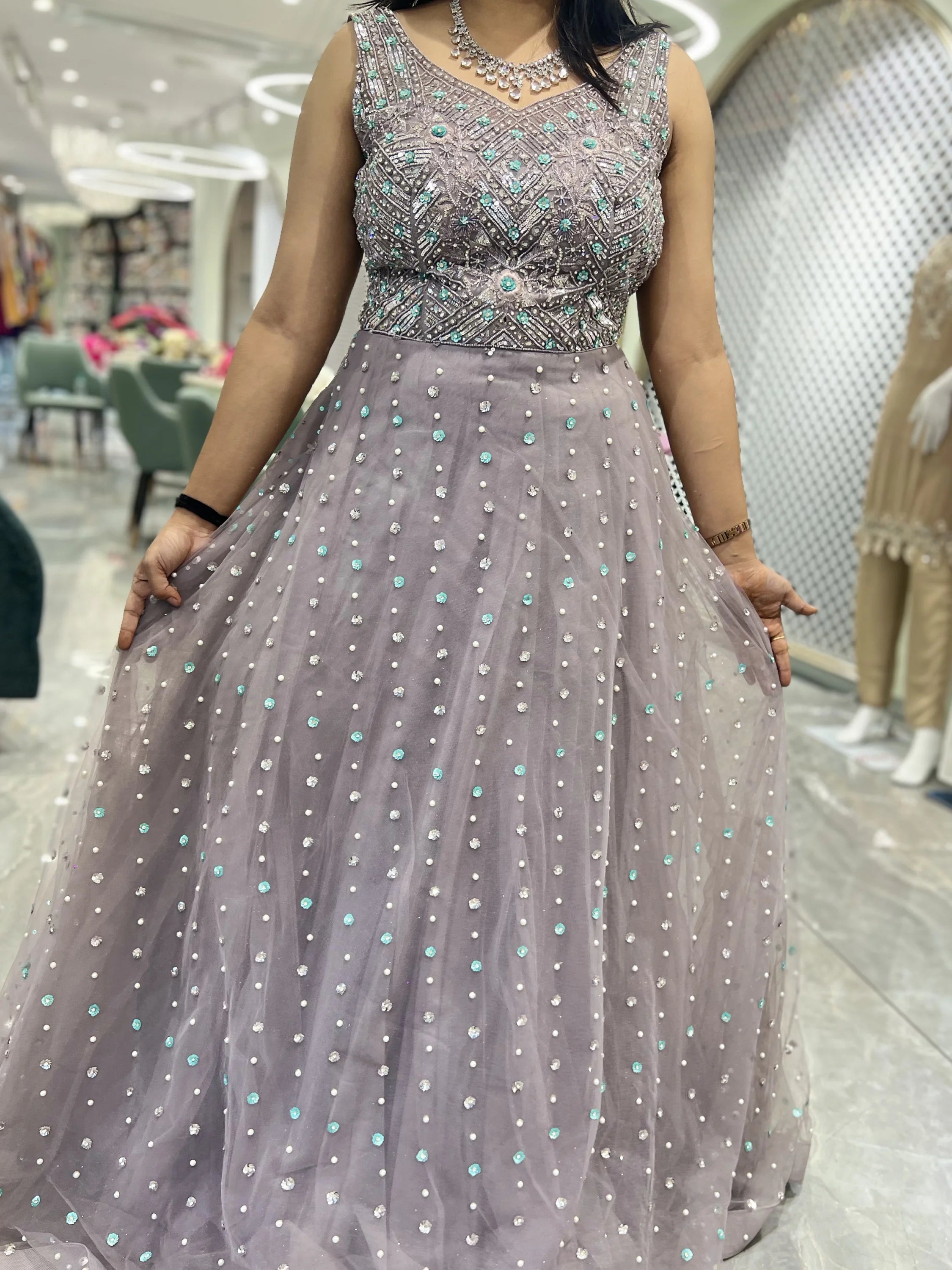 Grey Hand Work Net Gown - CGORID 2604 6