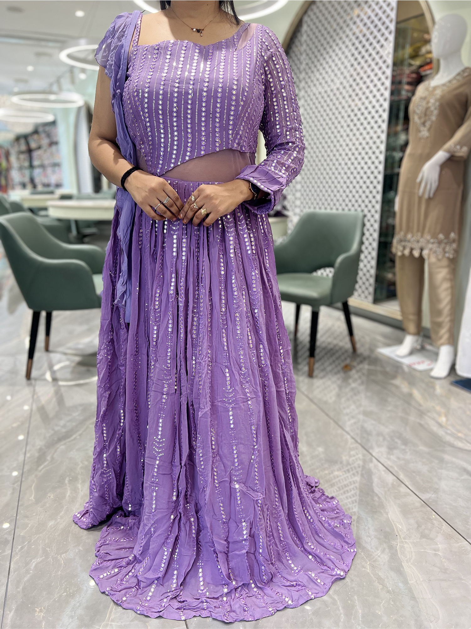 Lavender Mirror Work Georgette Gown - FALAK 251