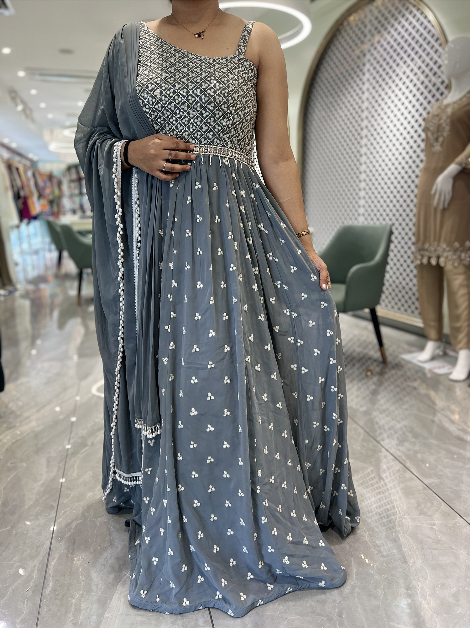 Grey Sequin Georgette Gown - FALAK 309