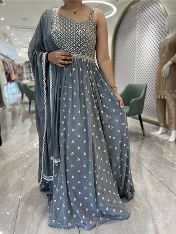 Grey Sequin Georgette Gown - FALAK 309