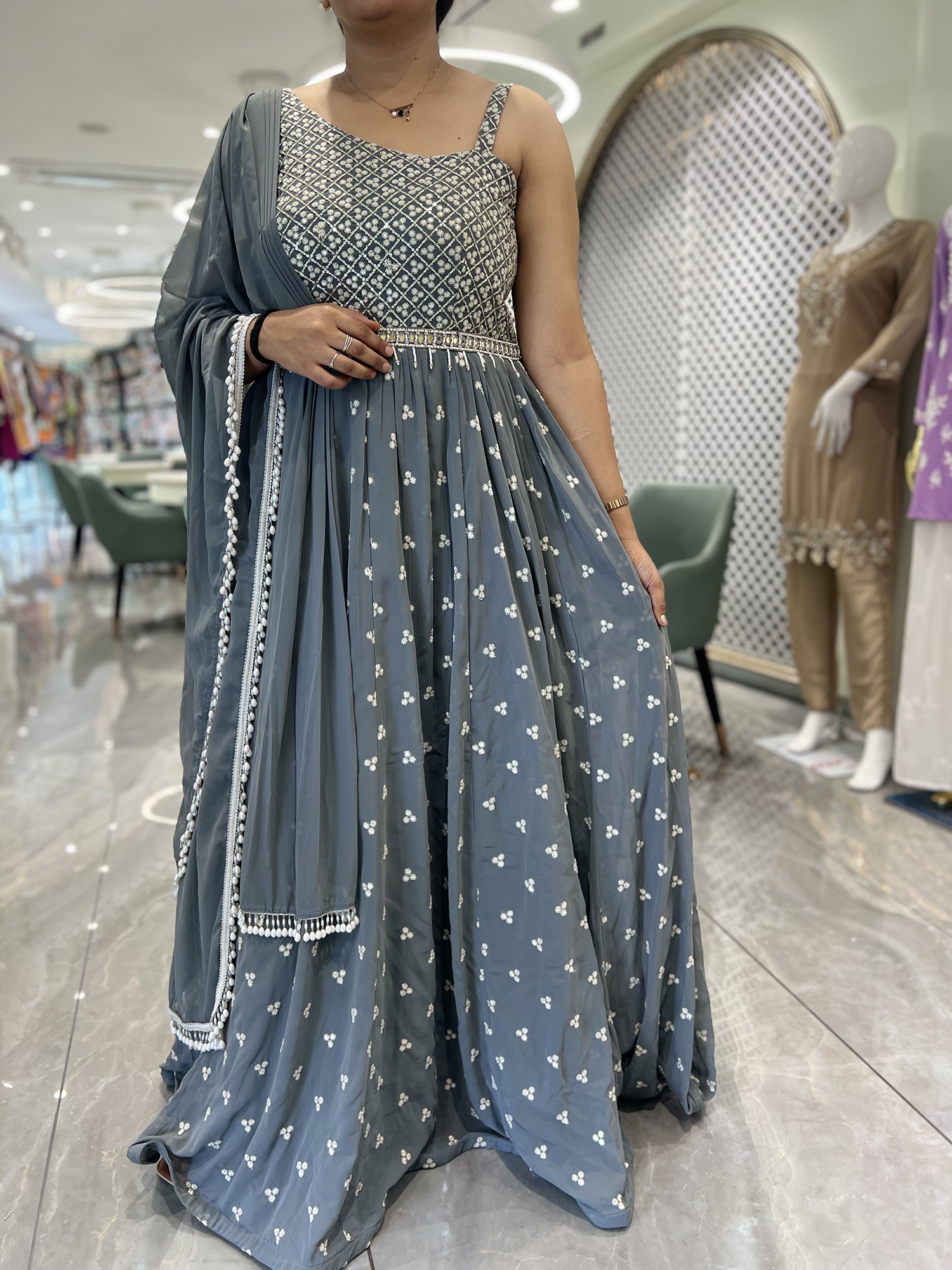 Grey Sequin Georgette Gown - FALAK 309