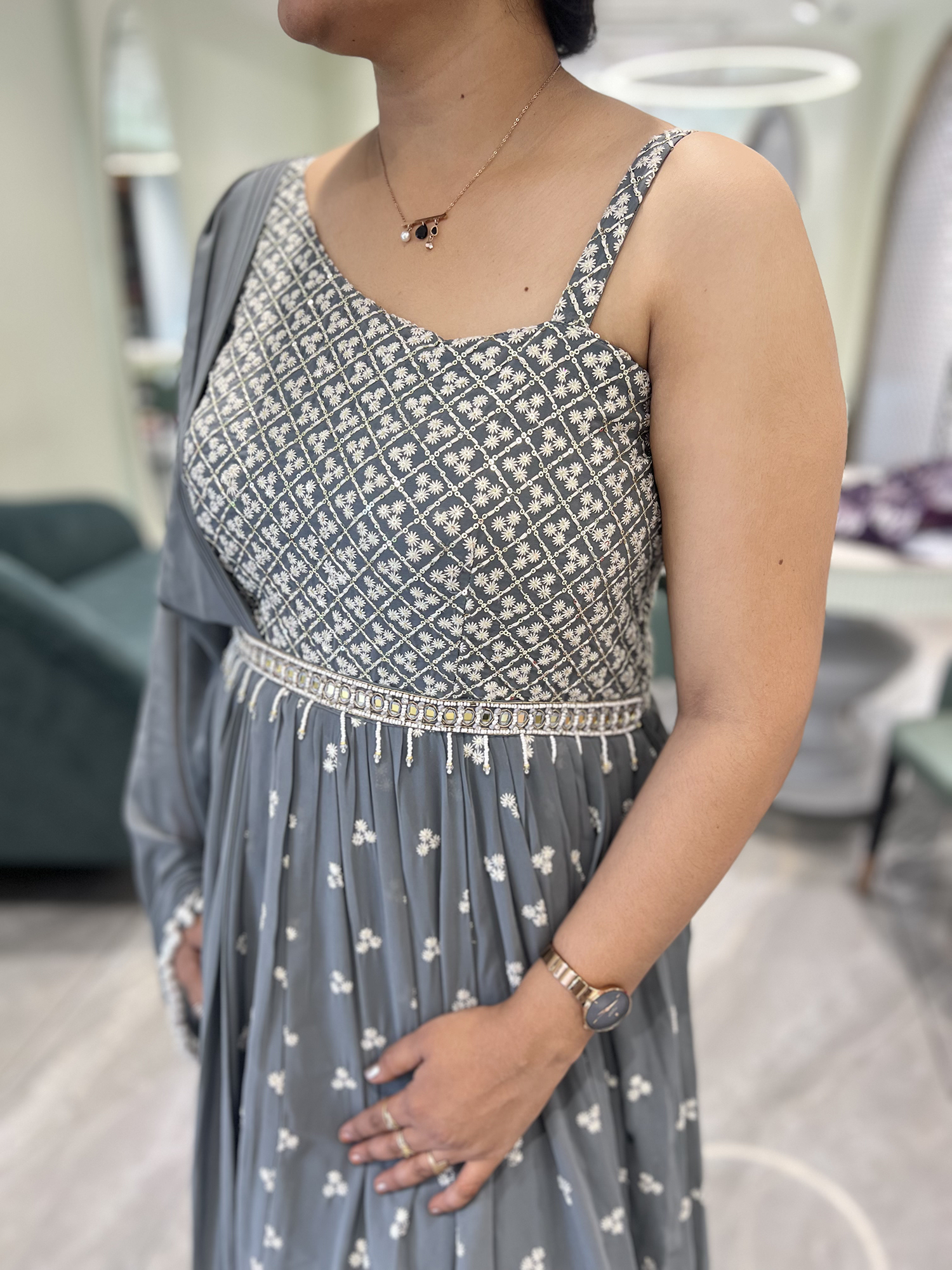 Grey Sequin Georgette Gown - FALAK 309