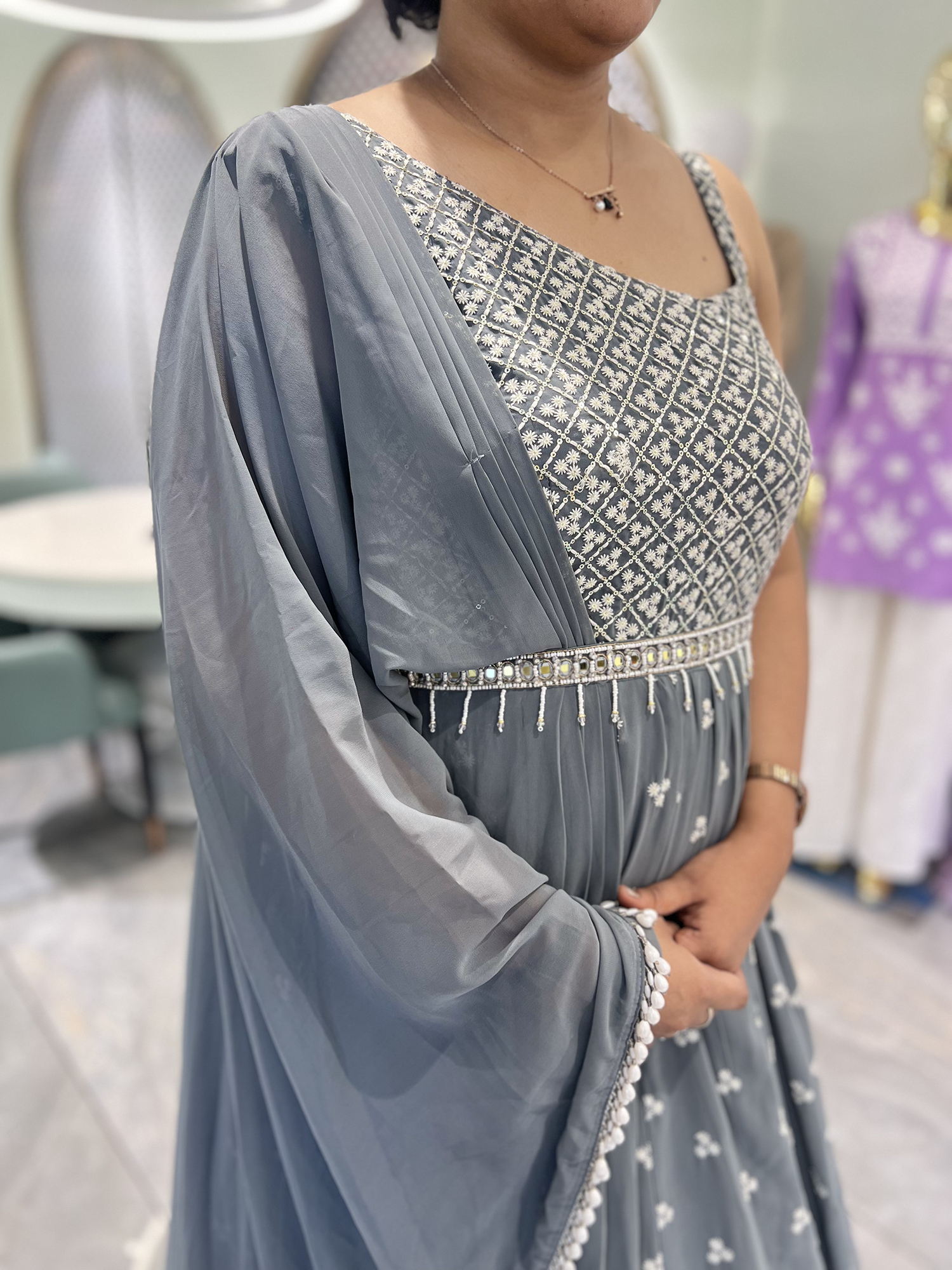 Grey Sequin Georgette Gown - FALAK 309