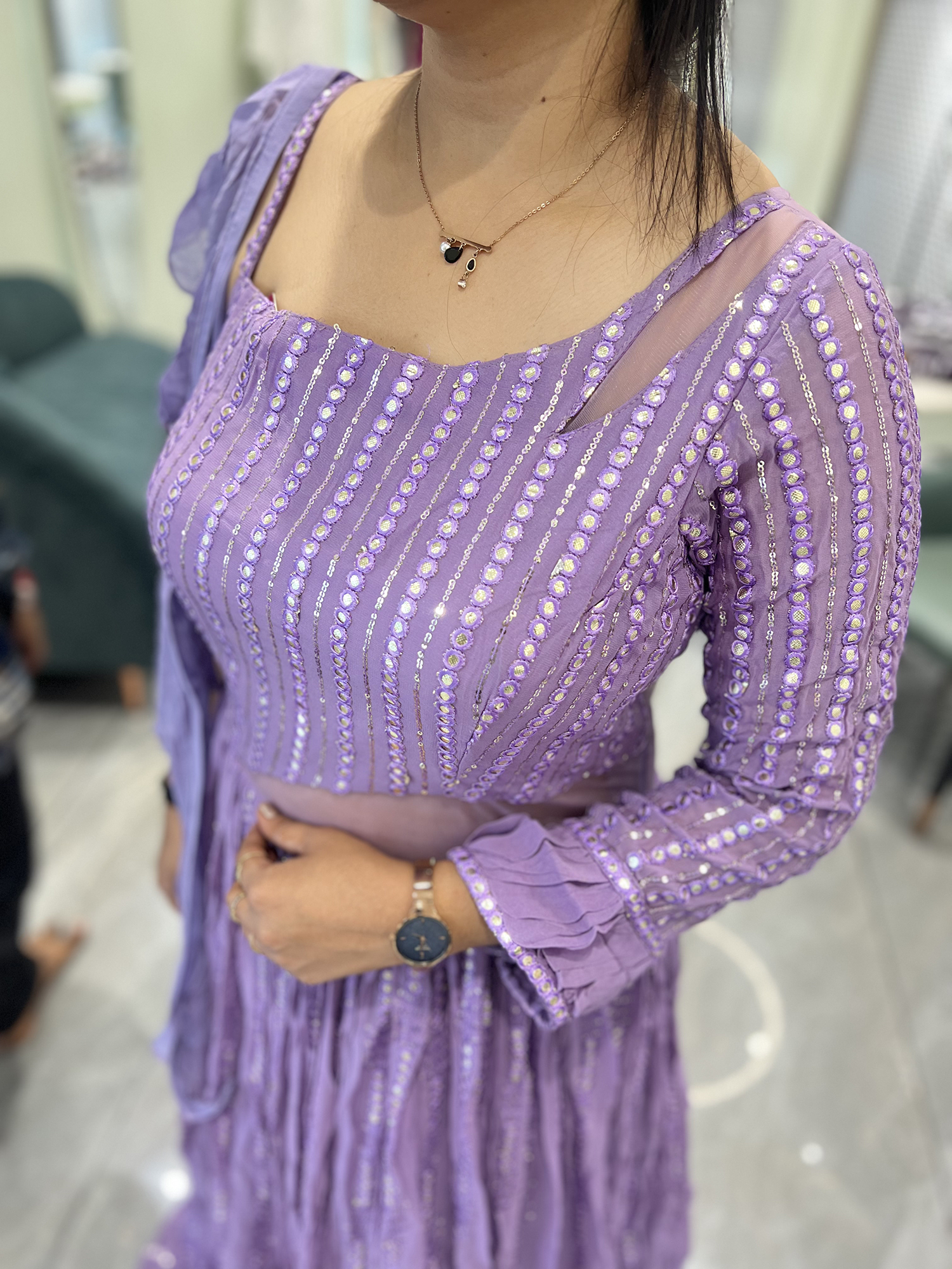 Lavender Mirror Work Georgette Gown - FALAK 251