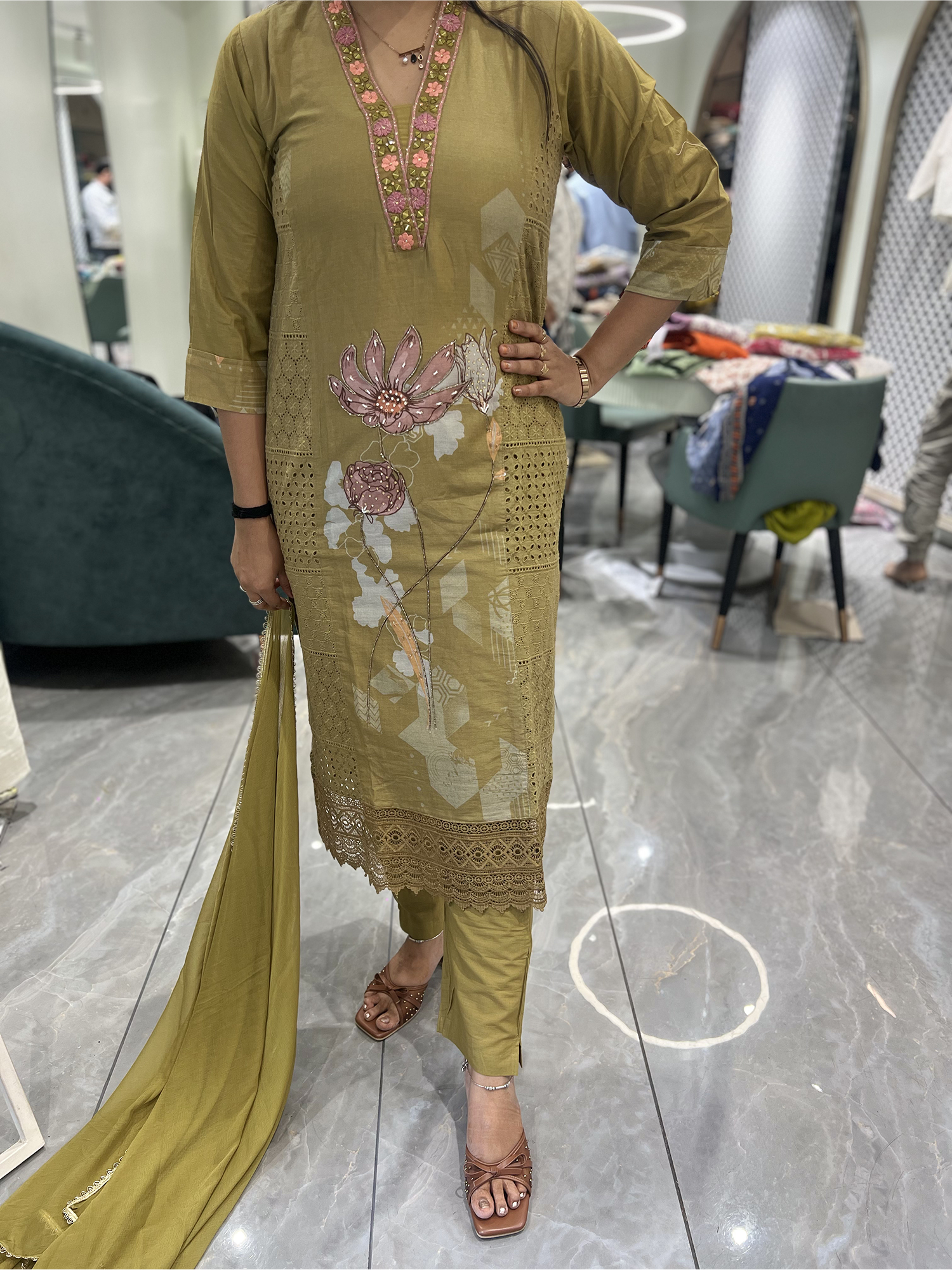 Mint Green Embroidery Rayon Three Piece - FQGORI 1850 1