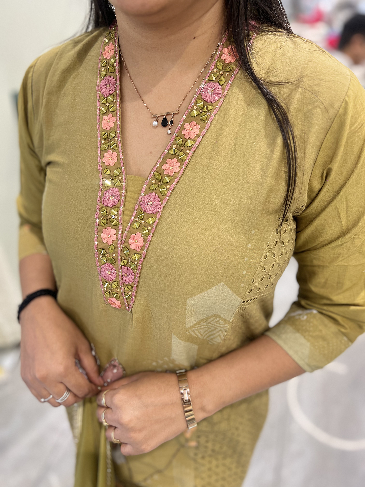 Mint Green Embroidery Rayon Three Piece - FQGORI 1850 1