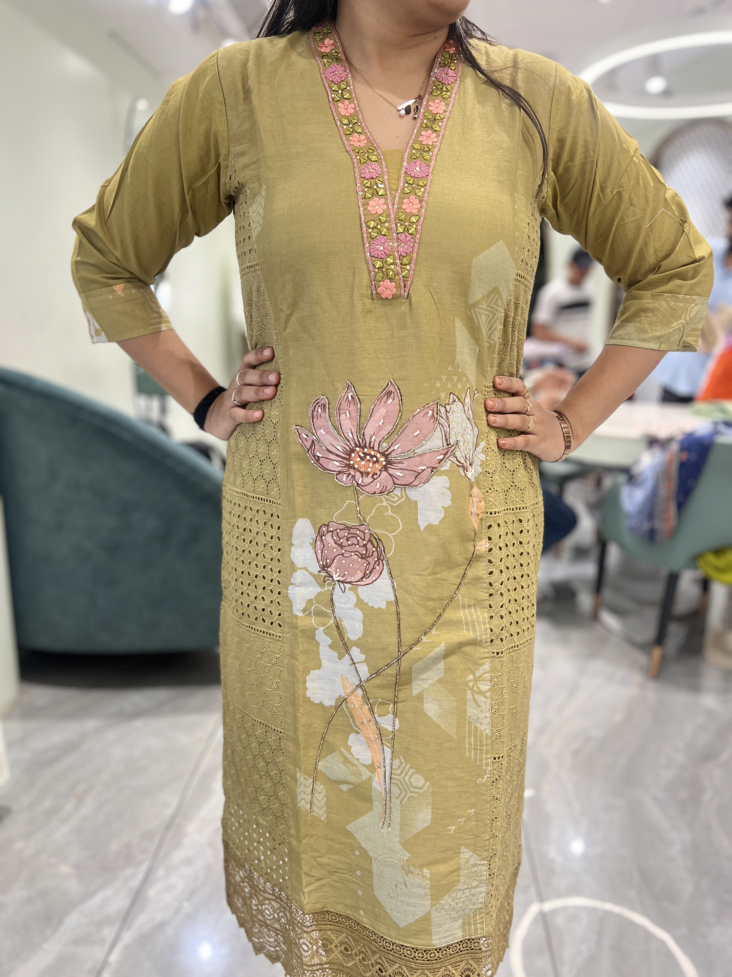 Mint Green Embroidery Rayon Three Piece - FQGORI 1850 1