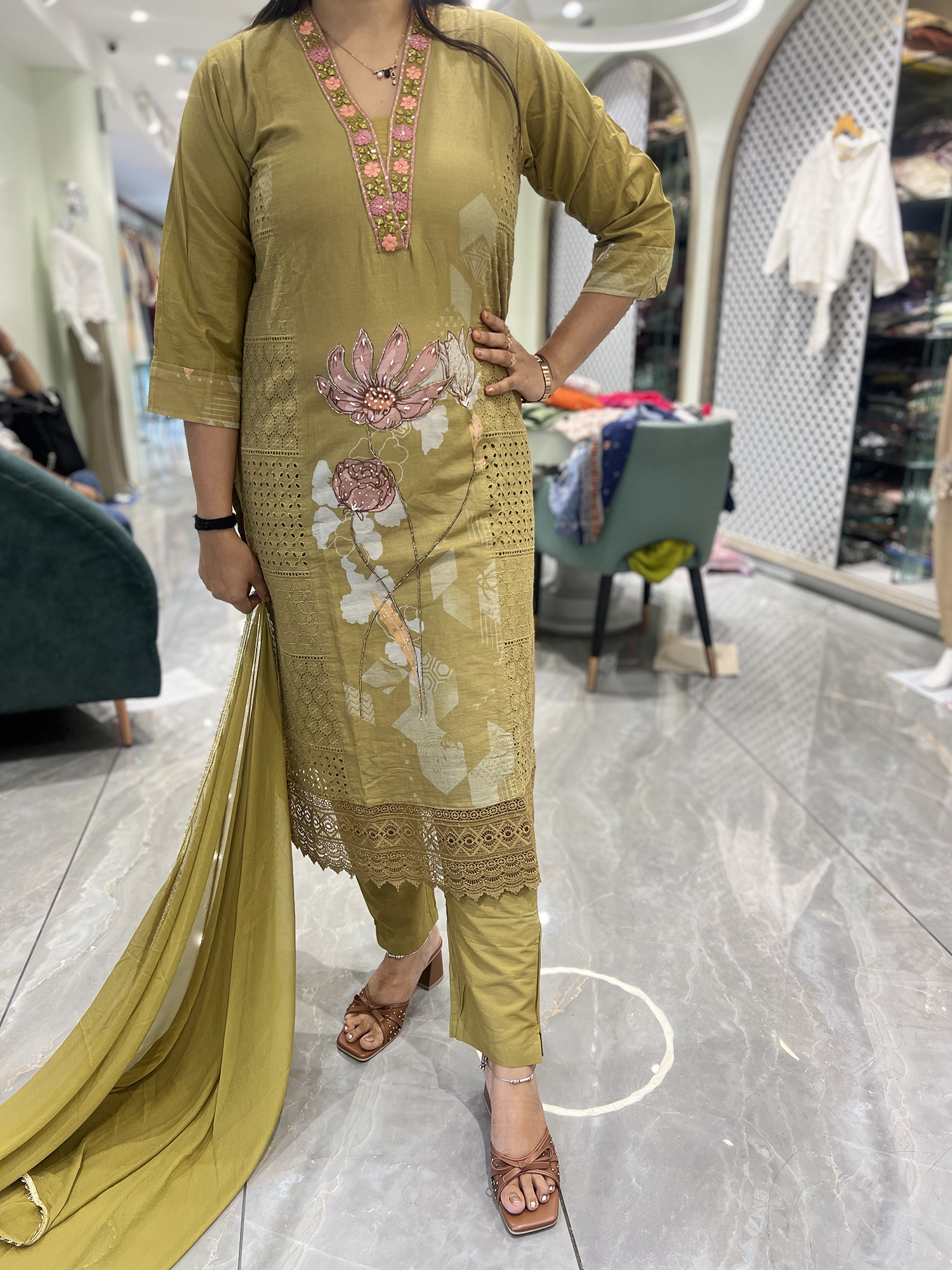 Mint Green Embroidery Rayon Three Piece - FQGORI 1850 1