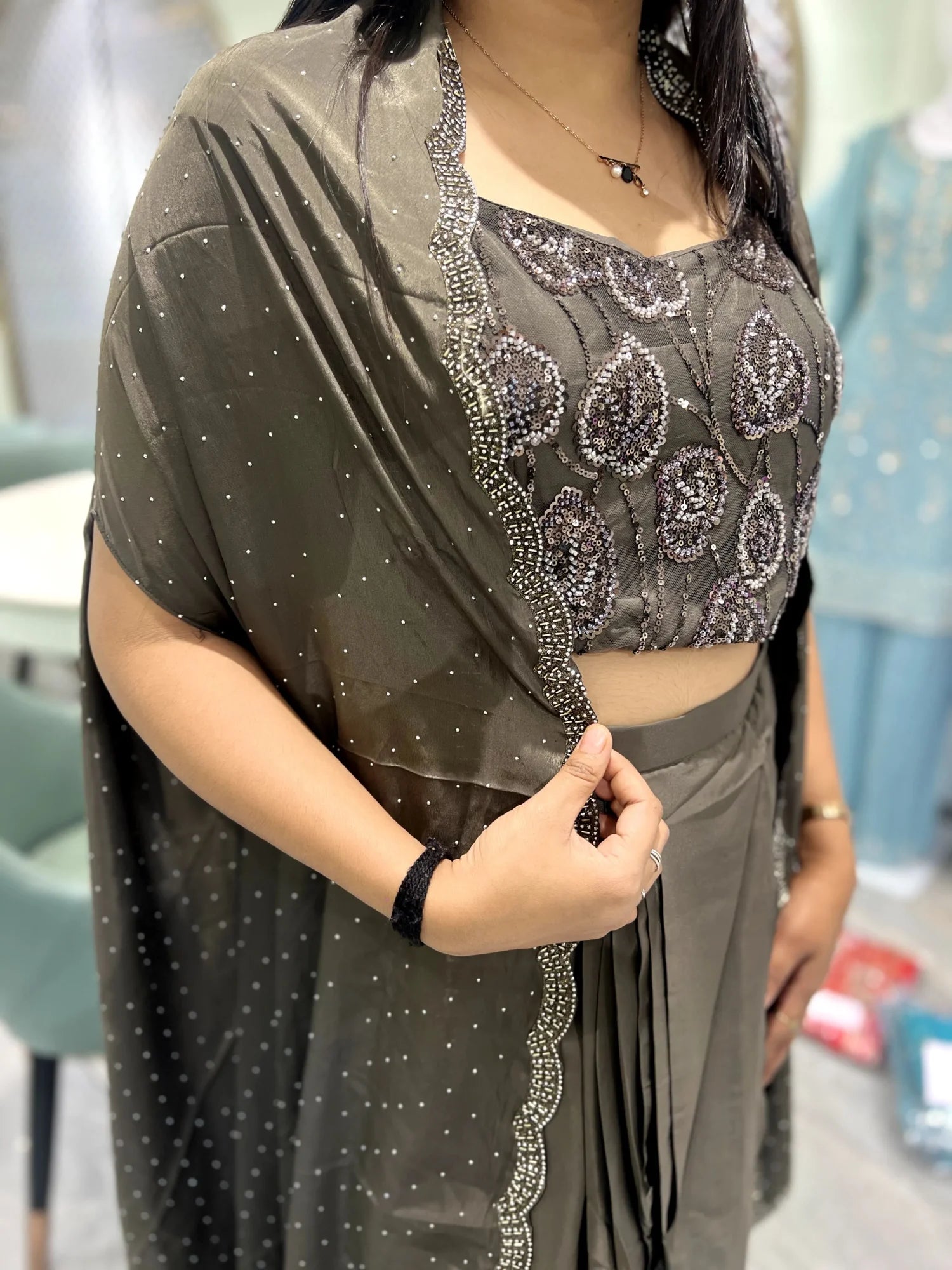 Olive Green Sequin Work Satin Indo Western - RGORICT 479 1