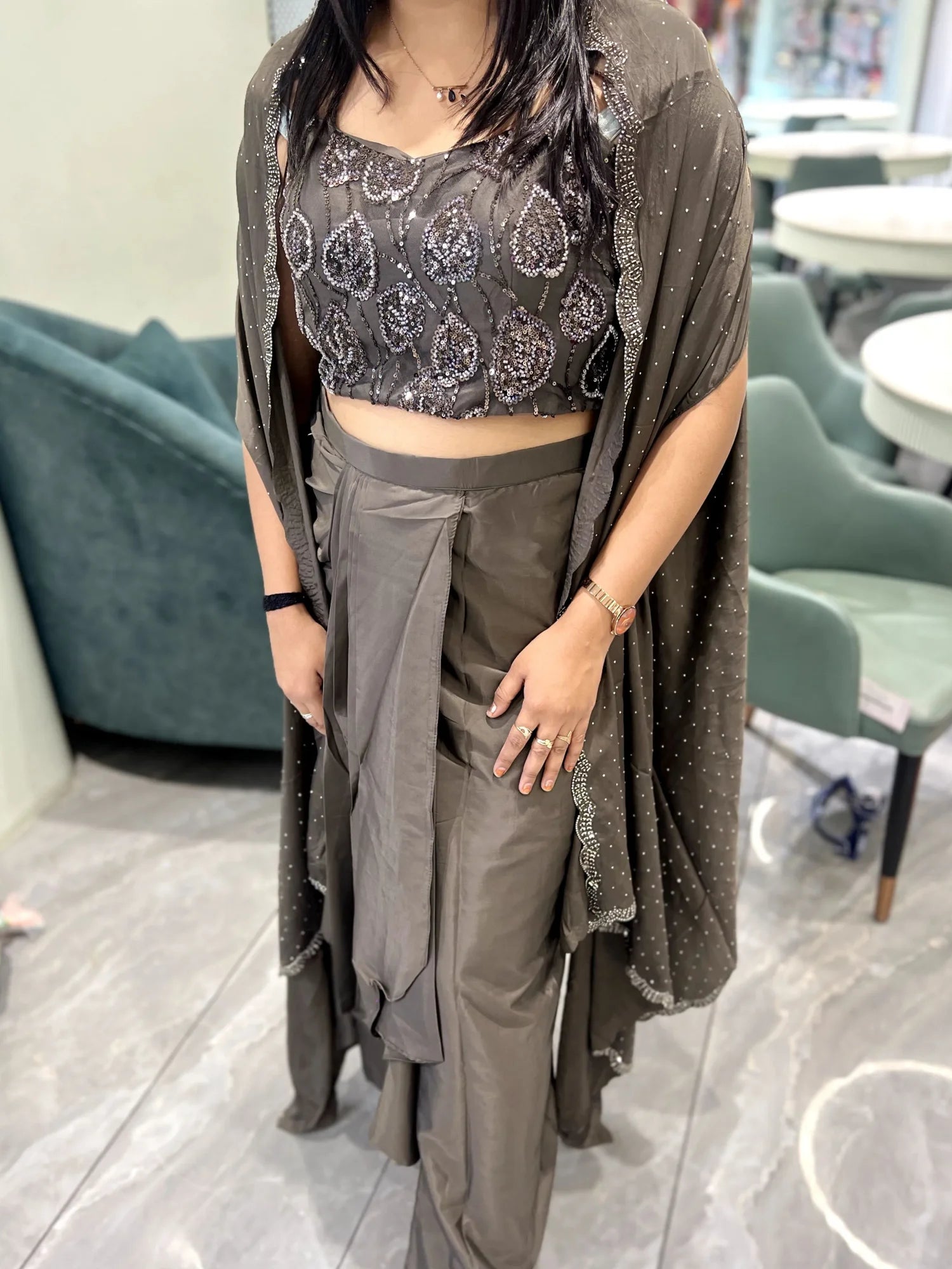 Olive Green Sequin Work Satin Indo Western - RGORICT 479 1