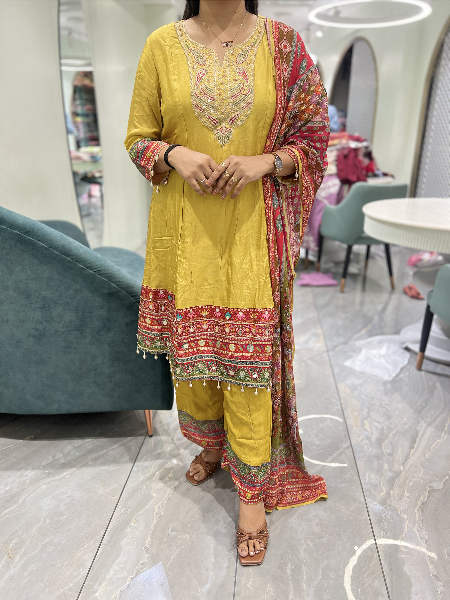 Yellow Embroidery Reyon Three Piece - IDGORI 1061 4