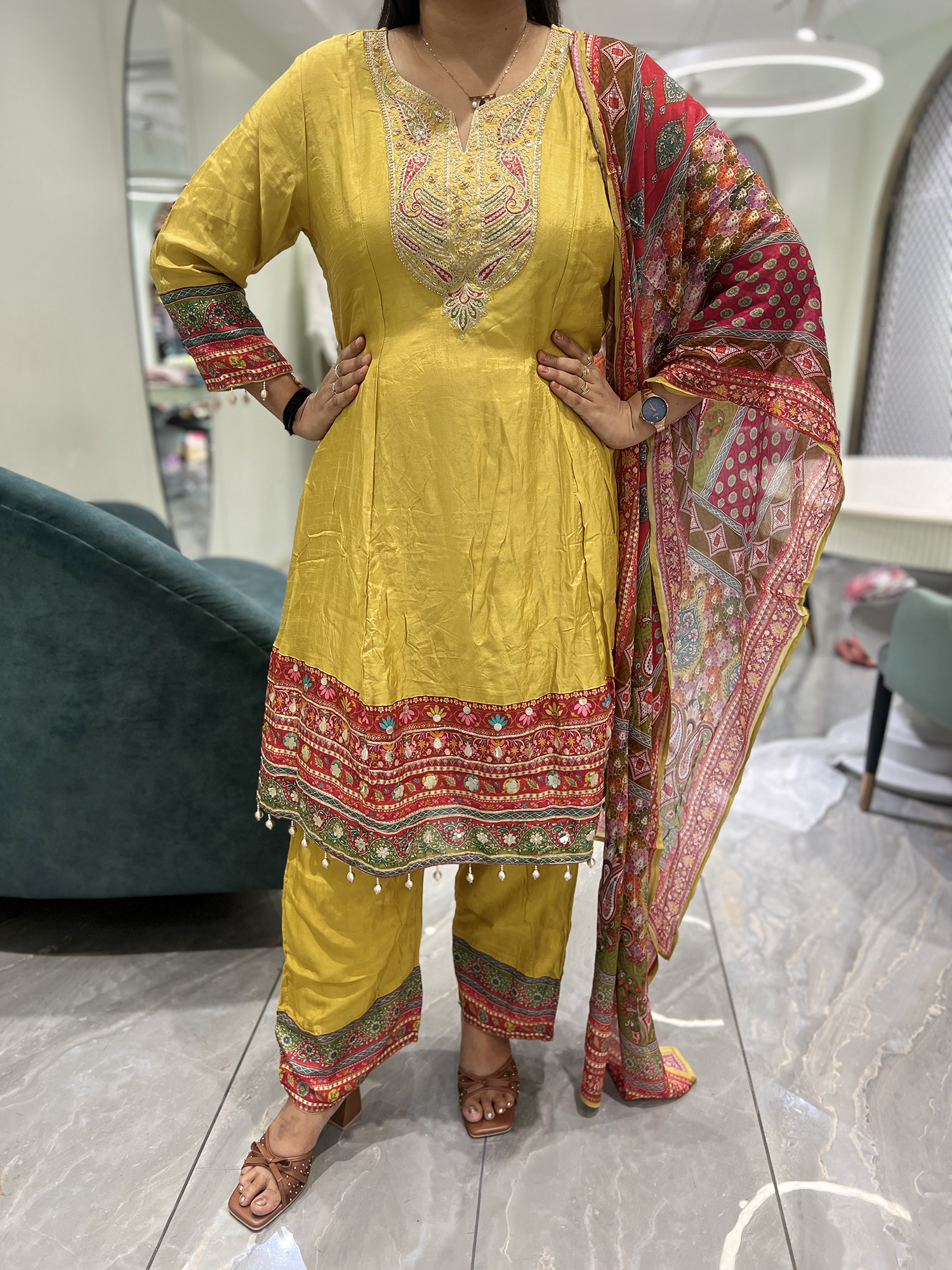 Yellow Embroidery Reyon Three Piece - IDGORI 1061 4