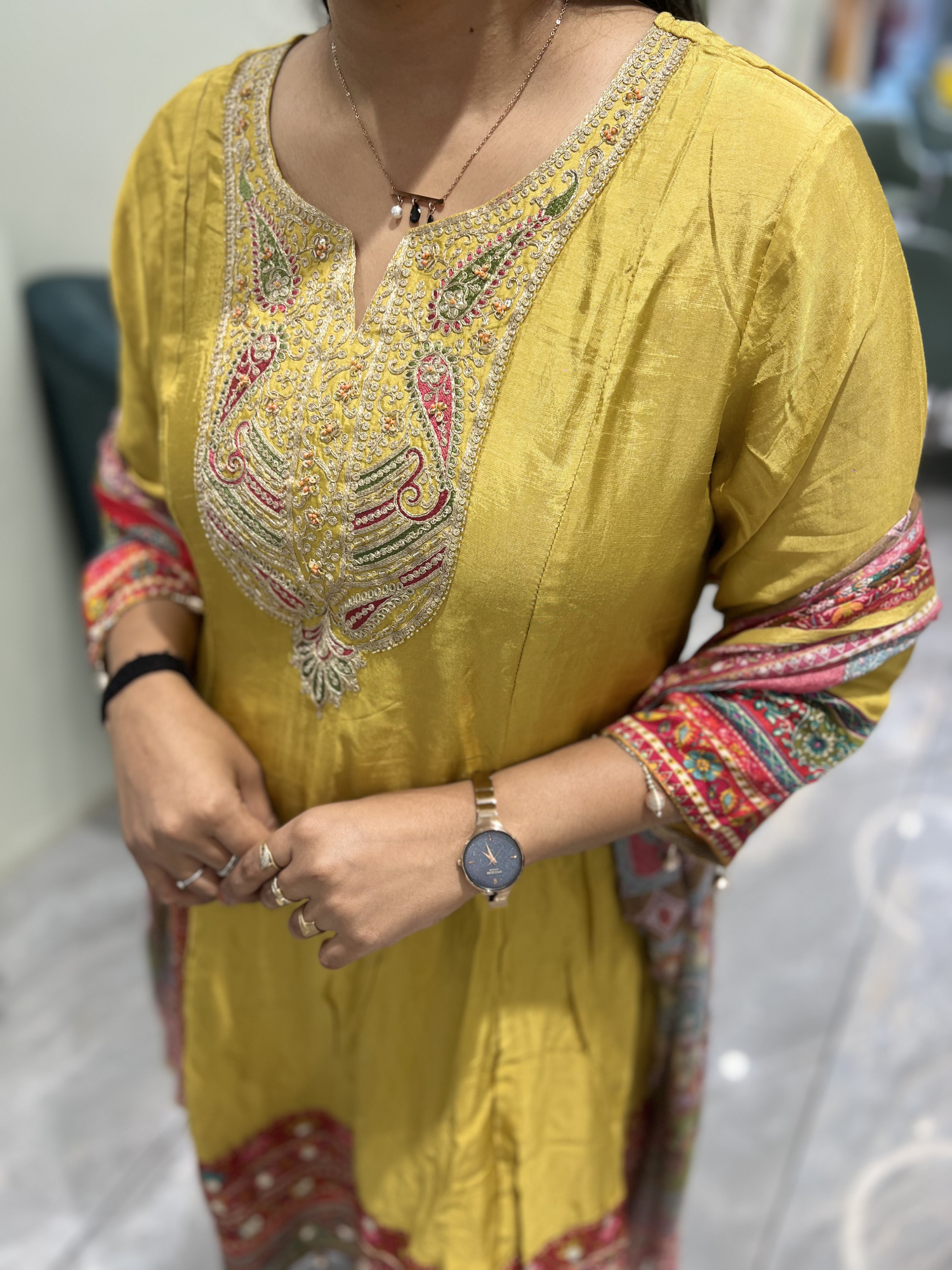Yellow Embroidery Reyon Three Piece - IDGORI 1061 4