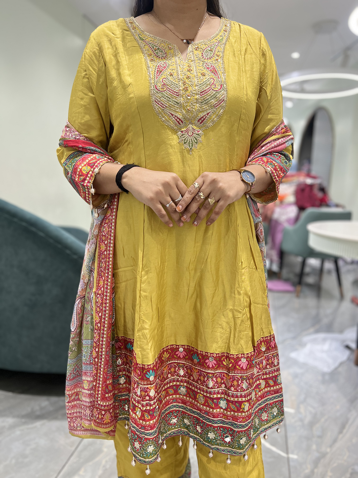 Yellow Embroidery Reyon Three Piece - IDGORI 1061 4