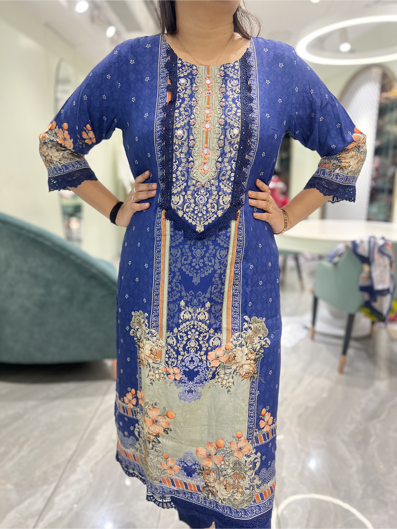 Navy Blue Embroidery Reyon Three Piece - IDGORI 731 4