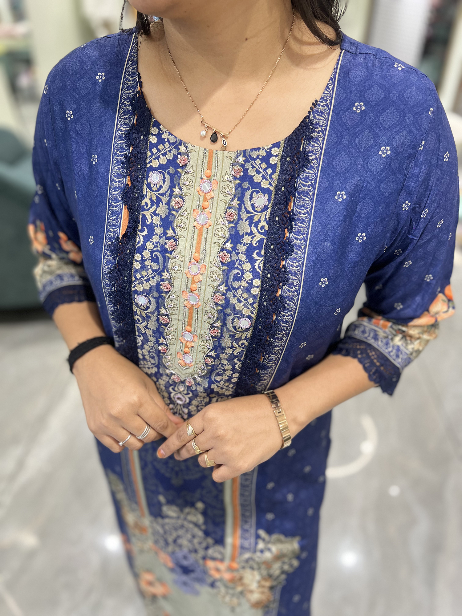 Navy Blue Embroidery Reyon Three Piece - IDGORI 731 4