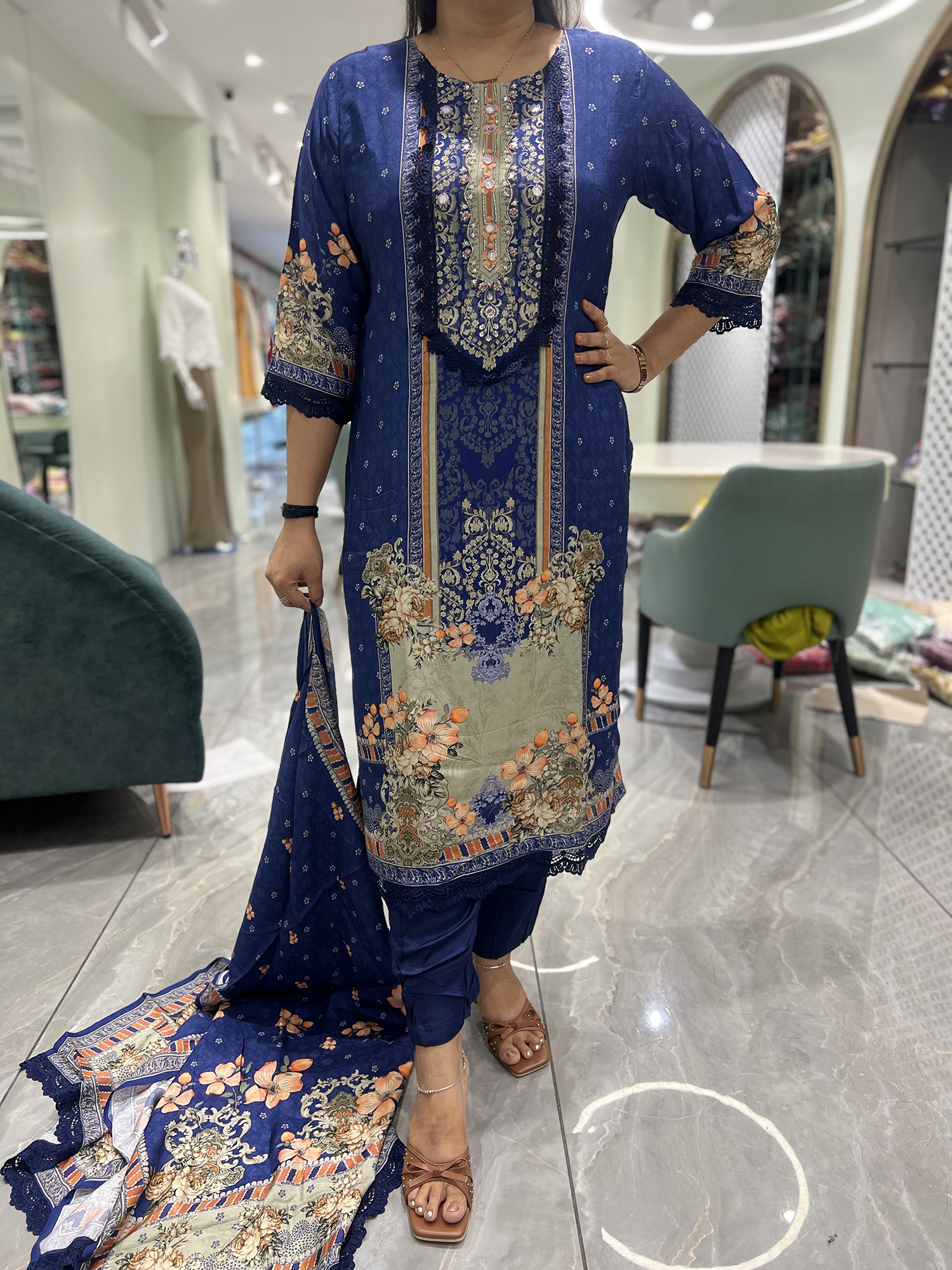 Navy Blue Embroidery Reyon Three Piece - IDGORI 731 4