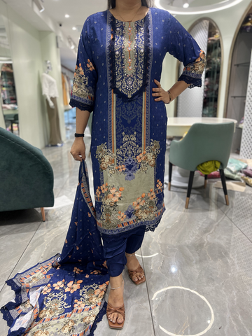 Navy Blue Embroidery Reyon Three Piece - IDGORI 731 4