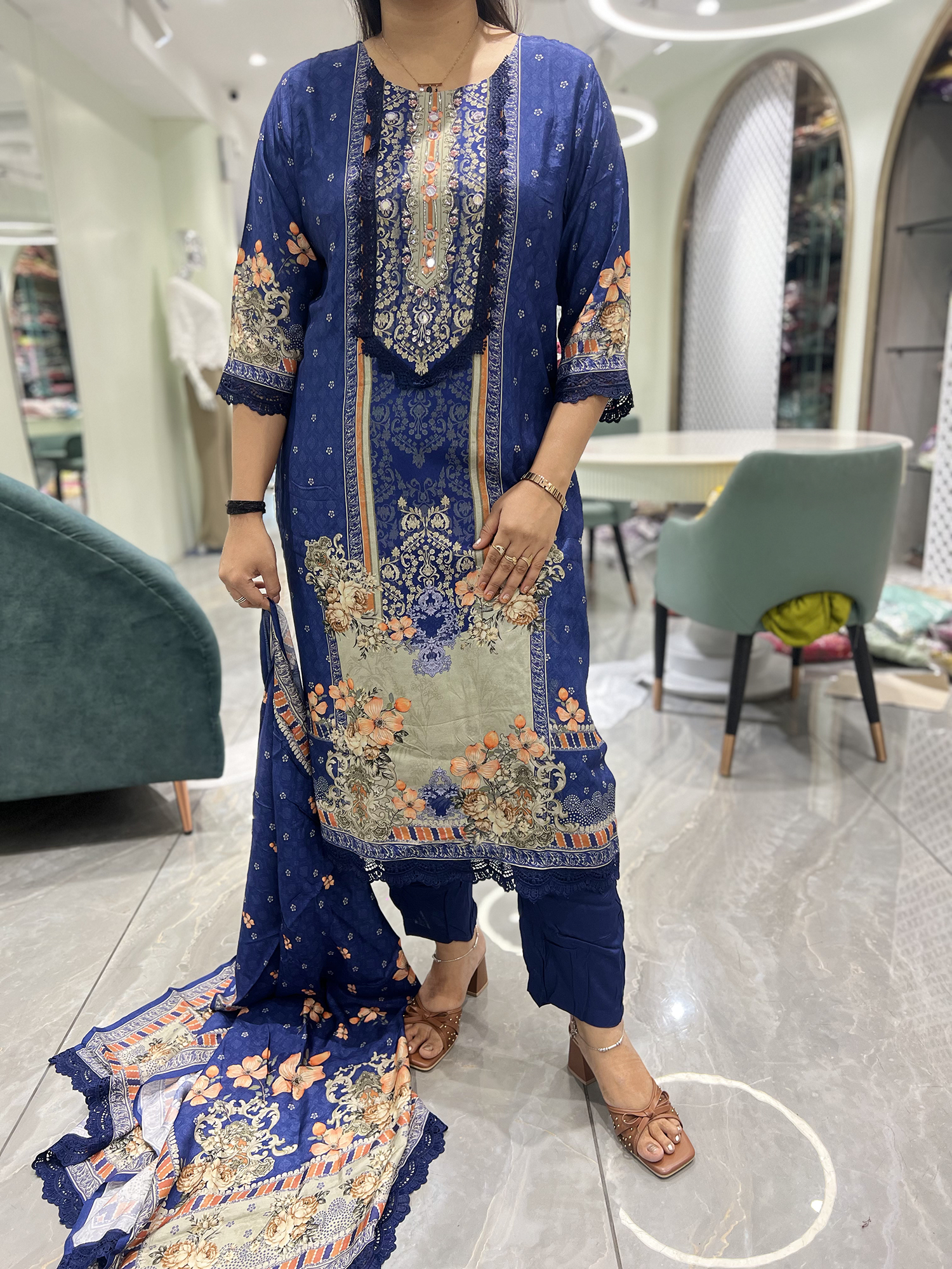 Navy Blue Embroidery Reyon Three Piece - IDGORI 731 4
