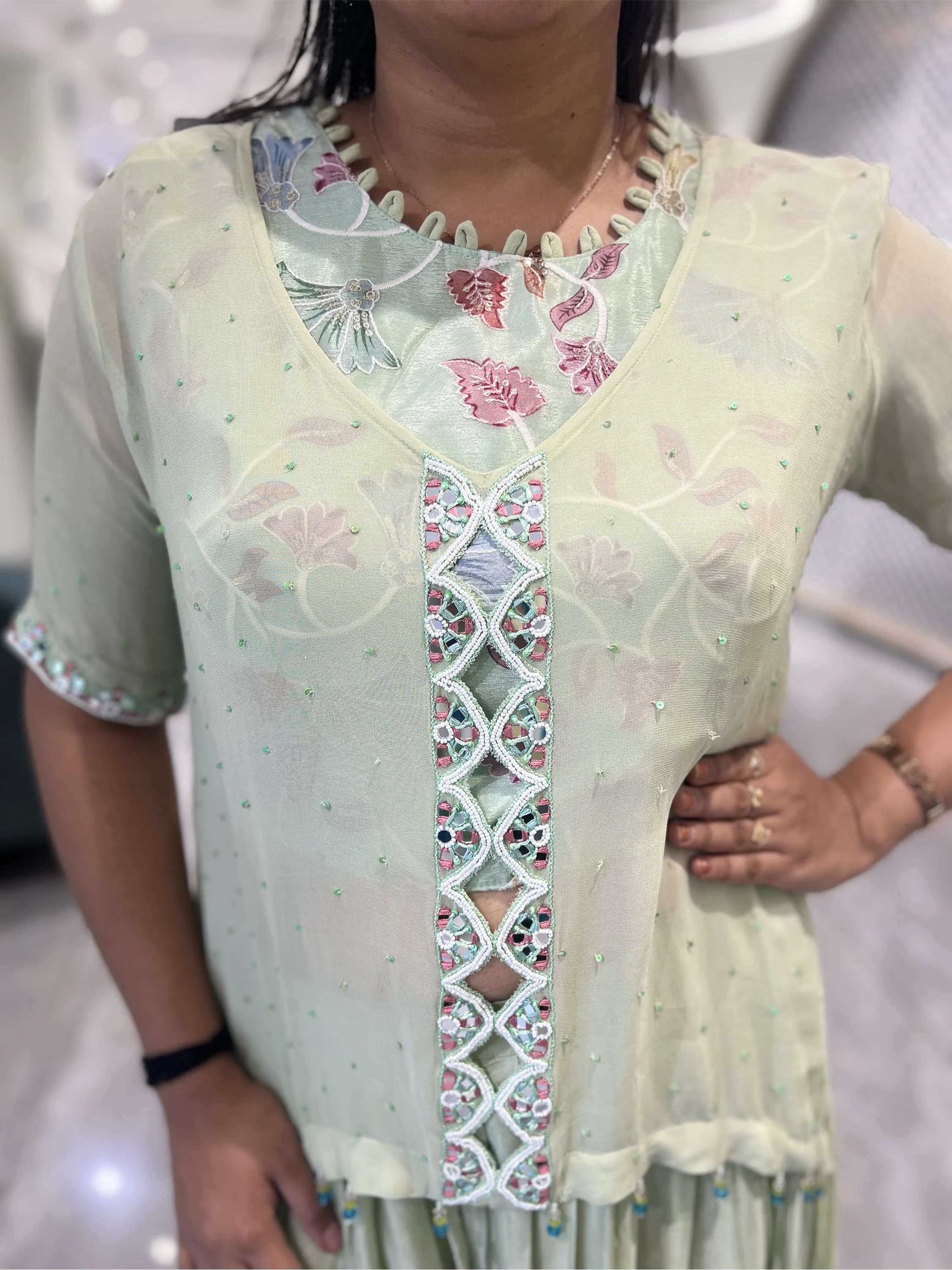 Mint Green Embroidery Chiffon Cordset - KGORID 63 16