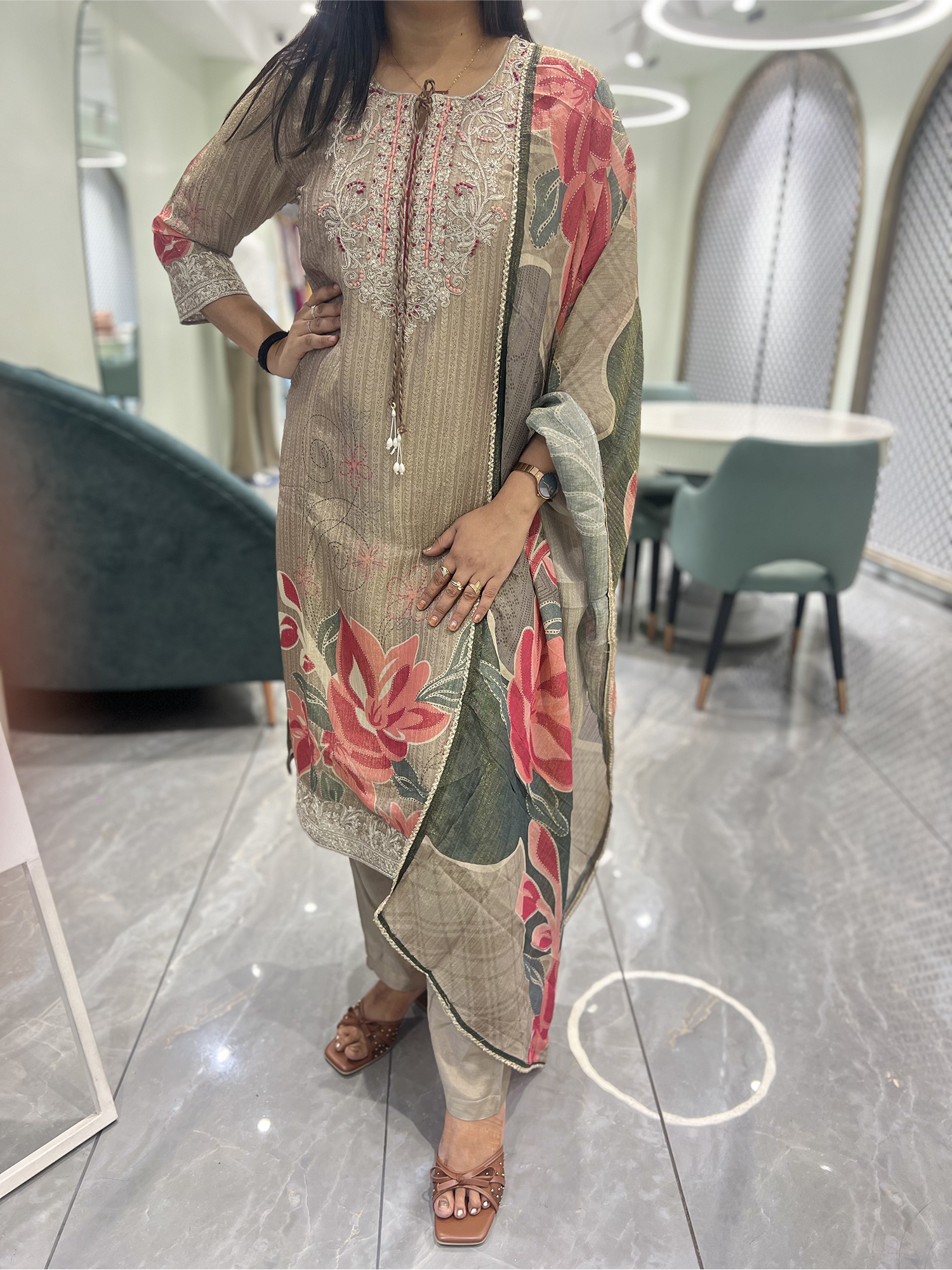 Brown Thread Work Chinon Three Piece - KPKGORI 10101 10
