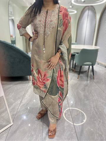 Brown Thread Work Chinon Three Piece - KPKGORI 10101 10
