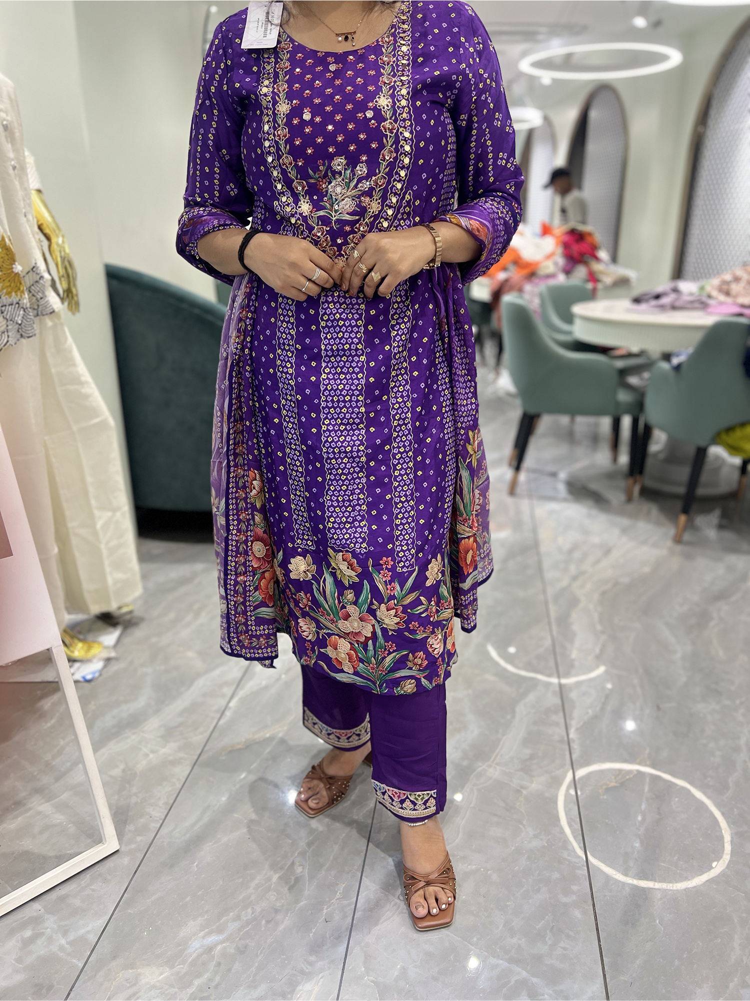 Purple Embroidery Chinon Three Piece - KPKGORI 10101 17