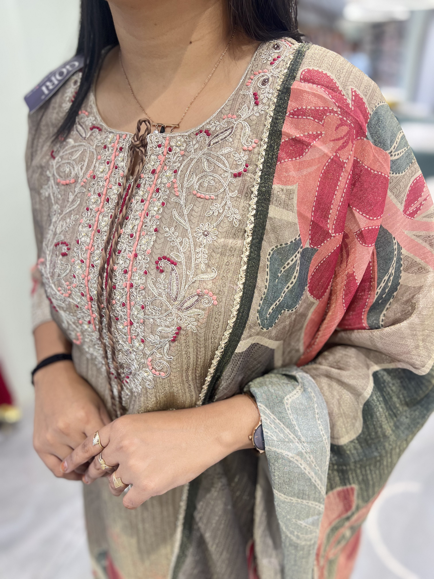 Brown Thread Work Chinon Three Piece - KPKGORI 10101 10