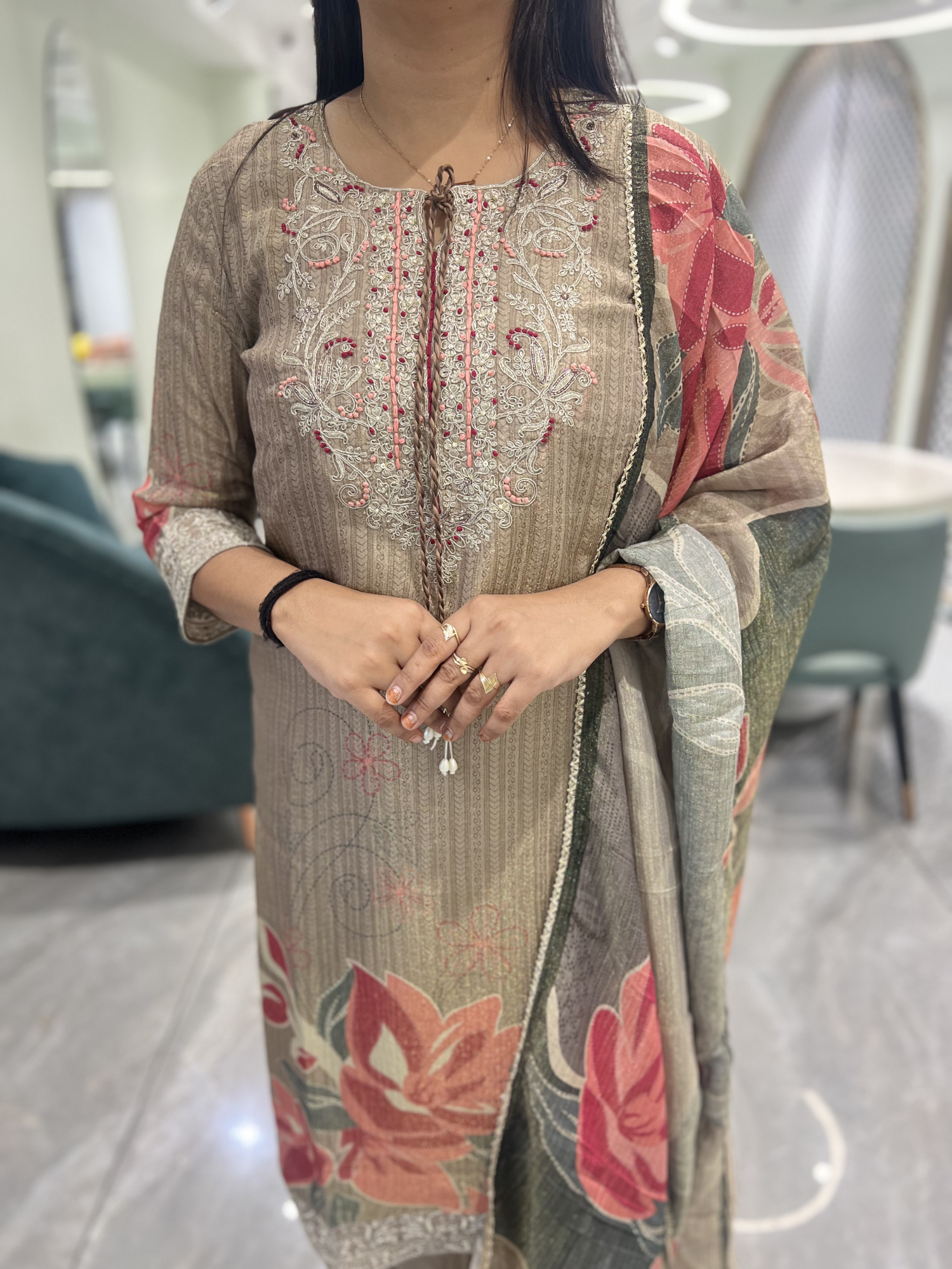 Brown Thread Work Chinon Three Piece - KPKGORI 10101 10