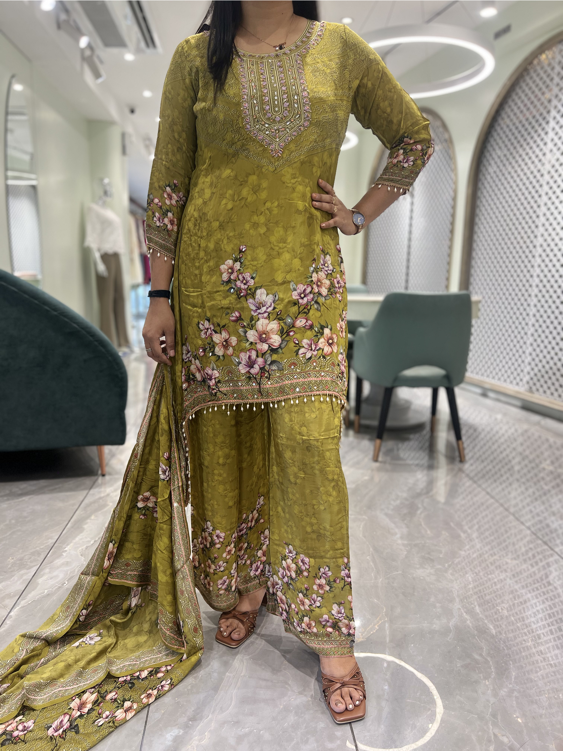 Mint Green Embroidery Chinon Three Piece - KPKGORI 10101 3