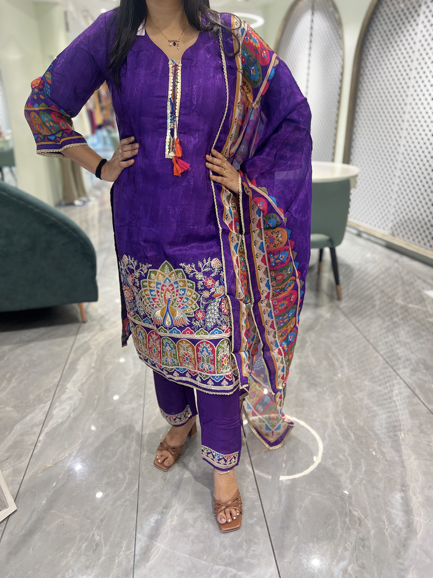 Purple Embroidery Chinon Three Piece - KPKGORI 10101 12