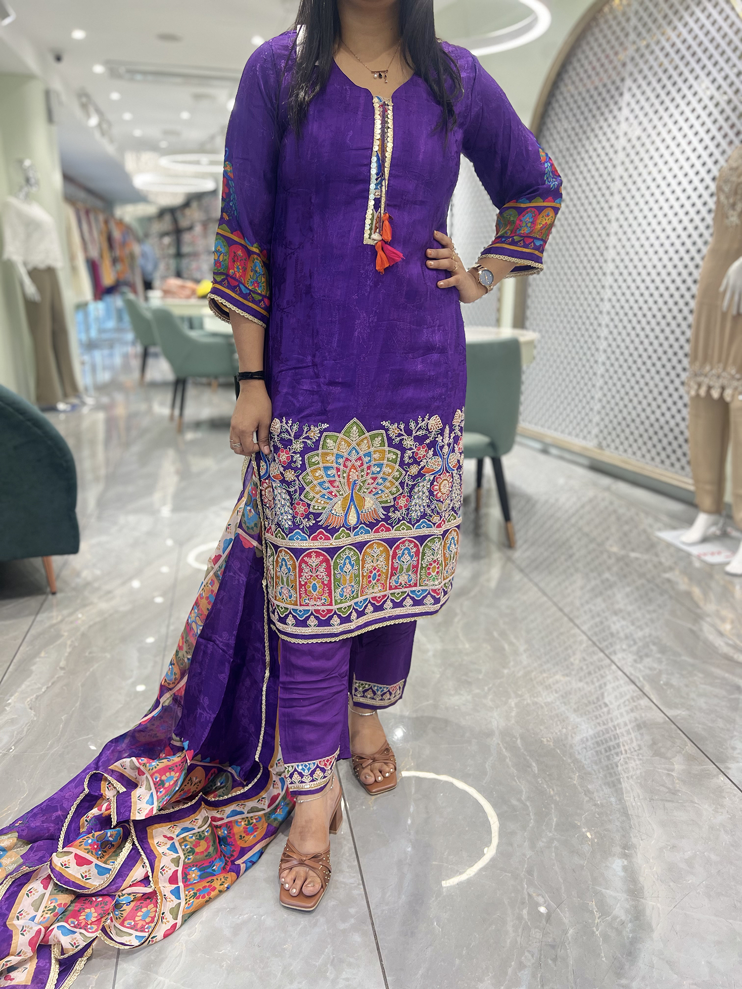 Purple Embroidery Chinon Three Piece - KPKGORI 10101 12