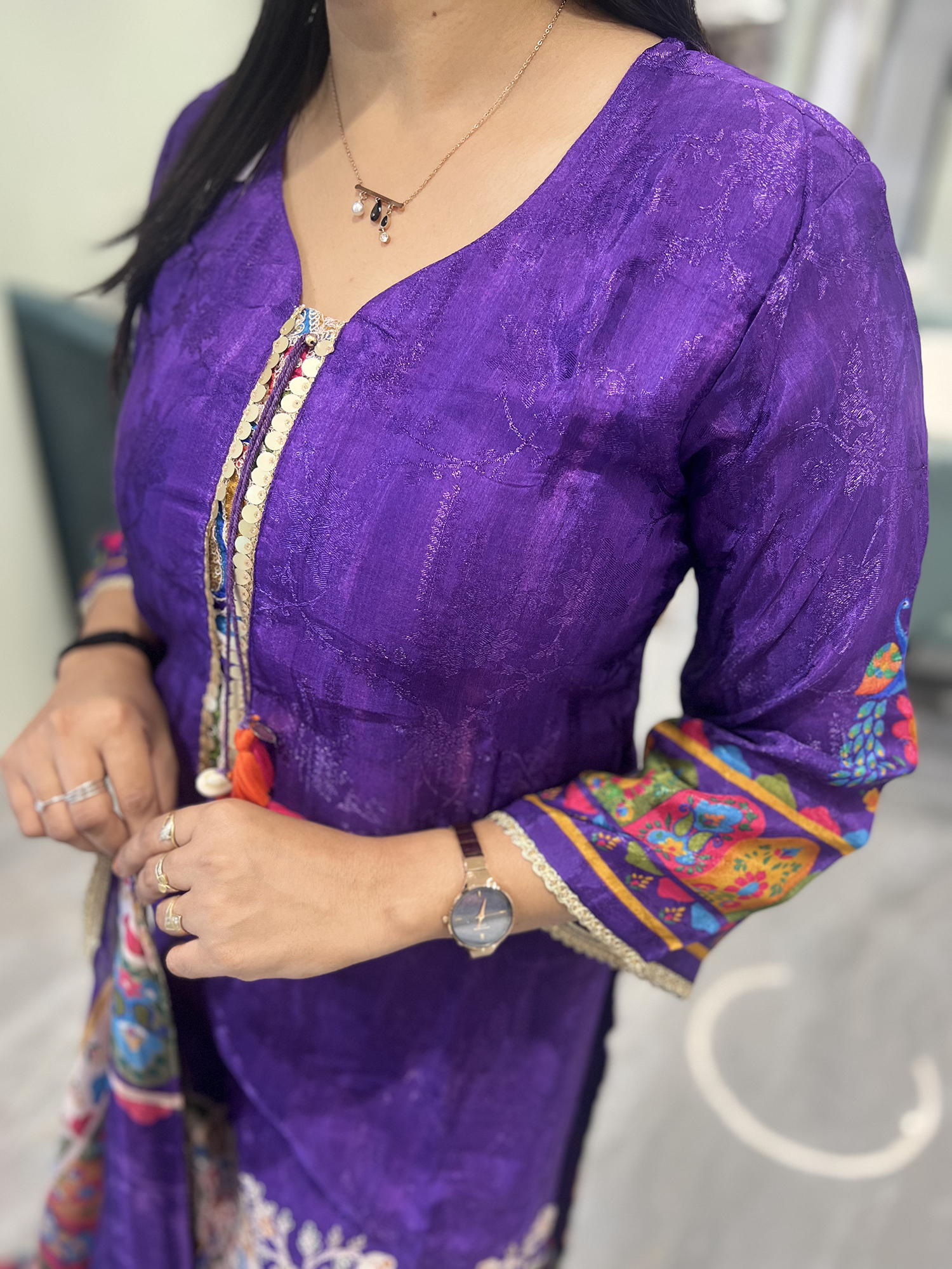Purple Embroidery Chinon Three Piece - KPKGORI 10101 12