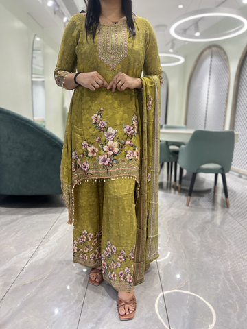 Mint Green Embroidery Chinon Three Piece - KPKGORI 10101 3