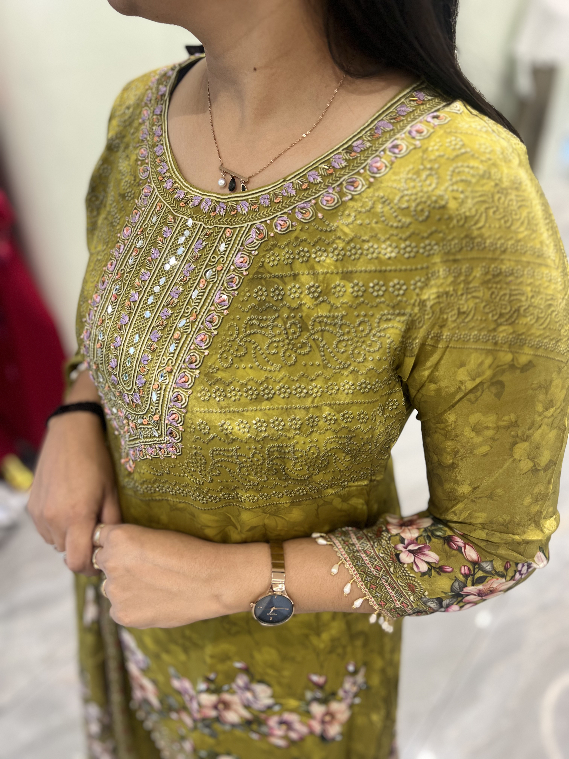 Mint Green Embroidery Chinon Three Piece - KPKGORI 10101 3