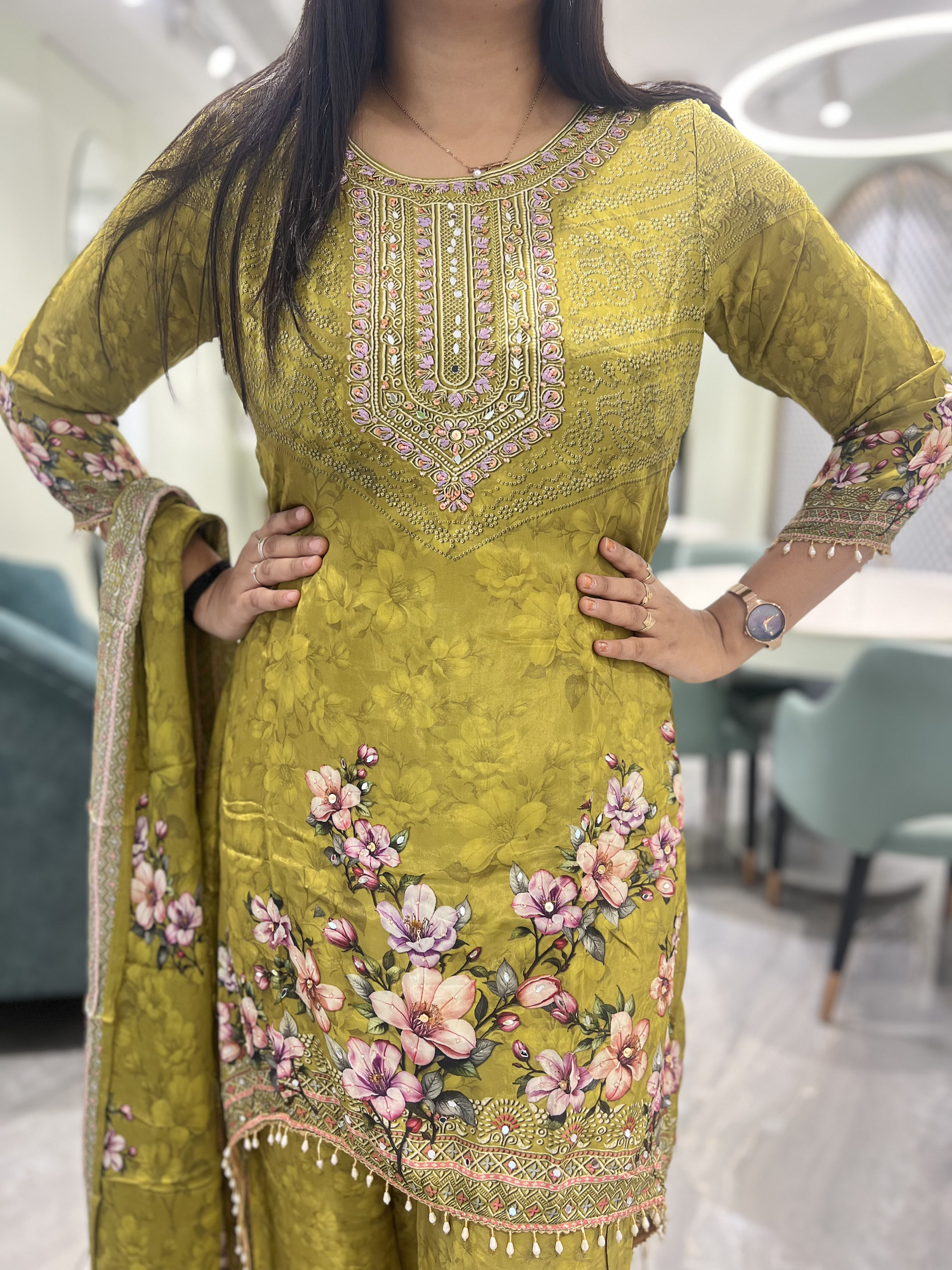 Mint Green Embroidery Chinon Three Piece - KPKGORI 10101 3